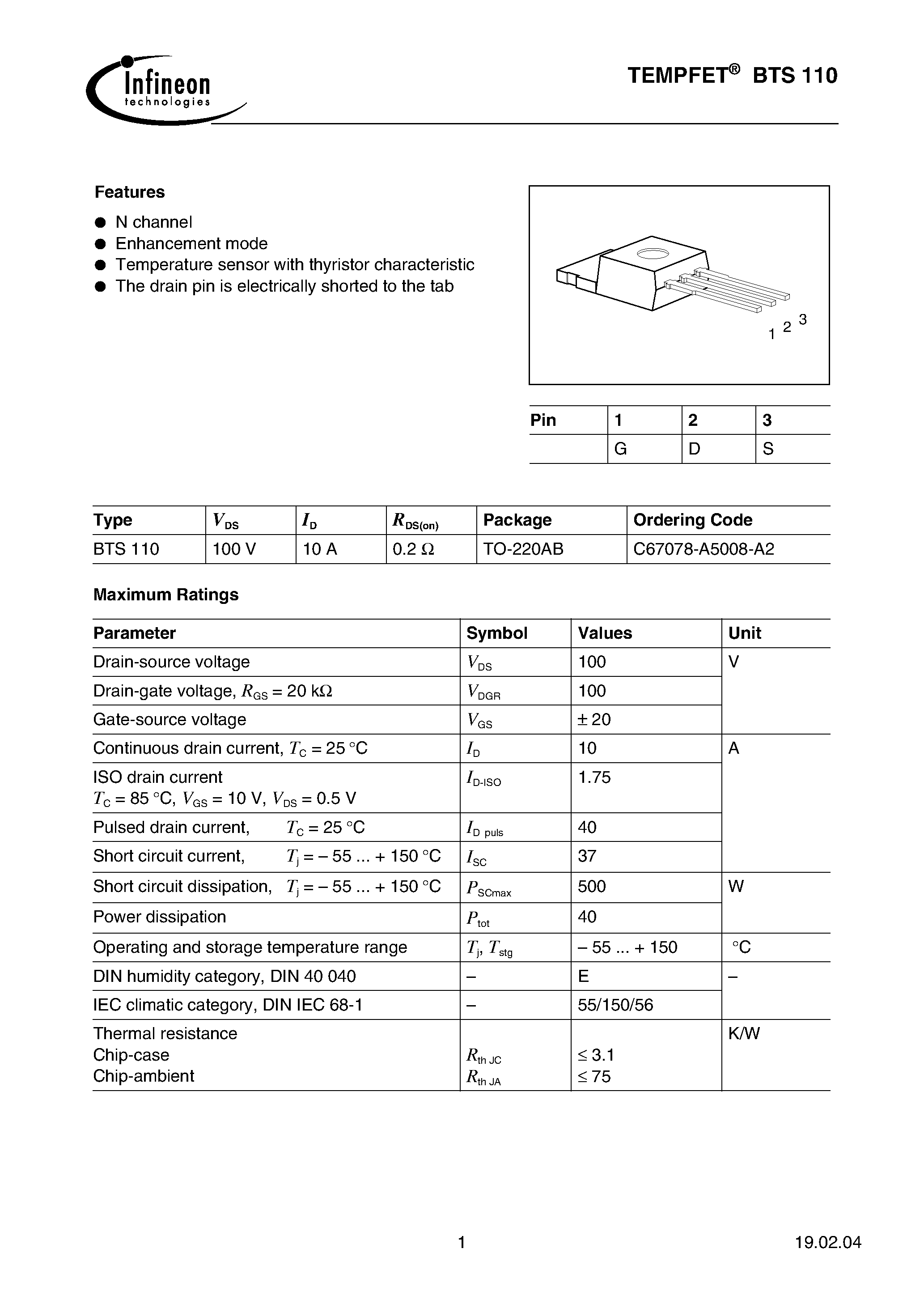 Datasheet BTS110 - TEMPFET(N-channel Enhancement mode Temperature sensor with thyristor characteristic) page 1