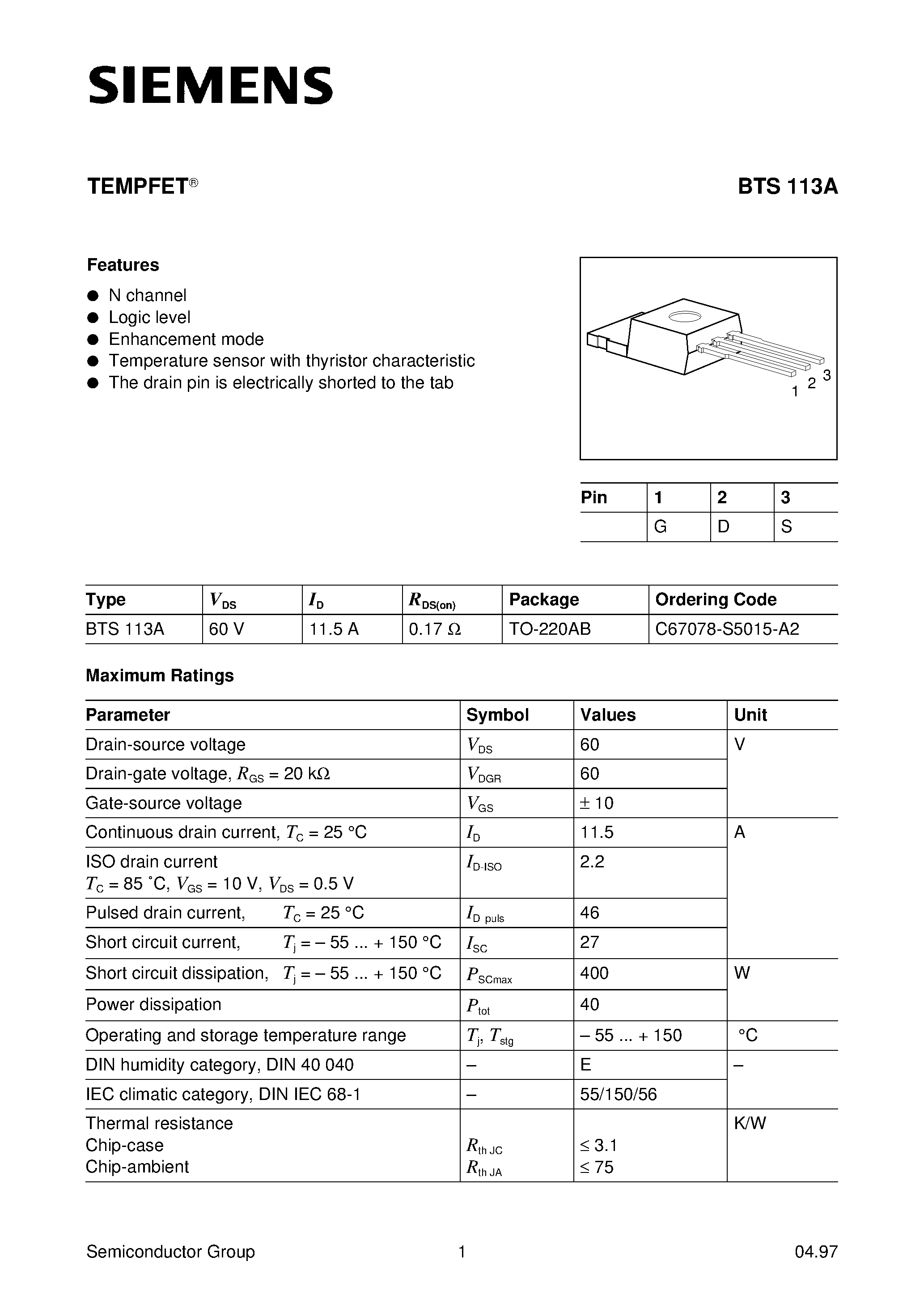 Datasheet BTS113 - TEMPFET (N channel Logic level Enhancement mode Temperature sensor with thyristor characteristic) page 1