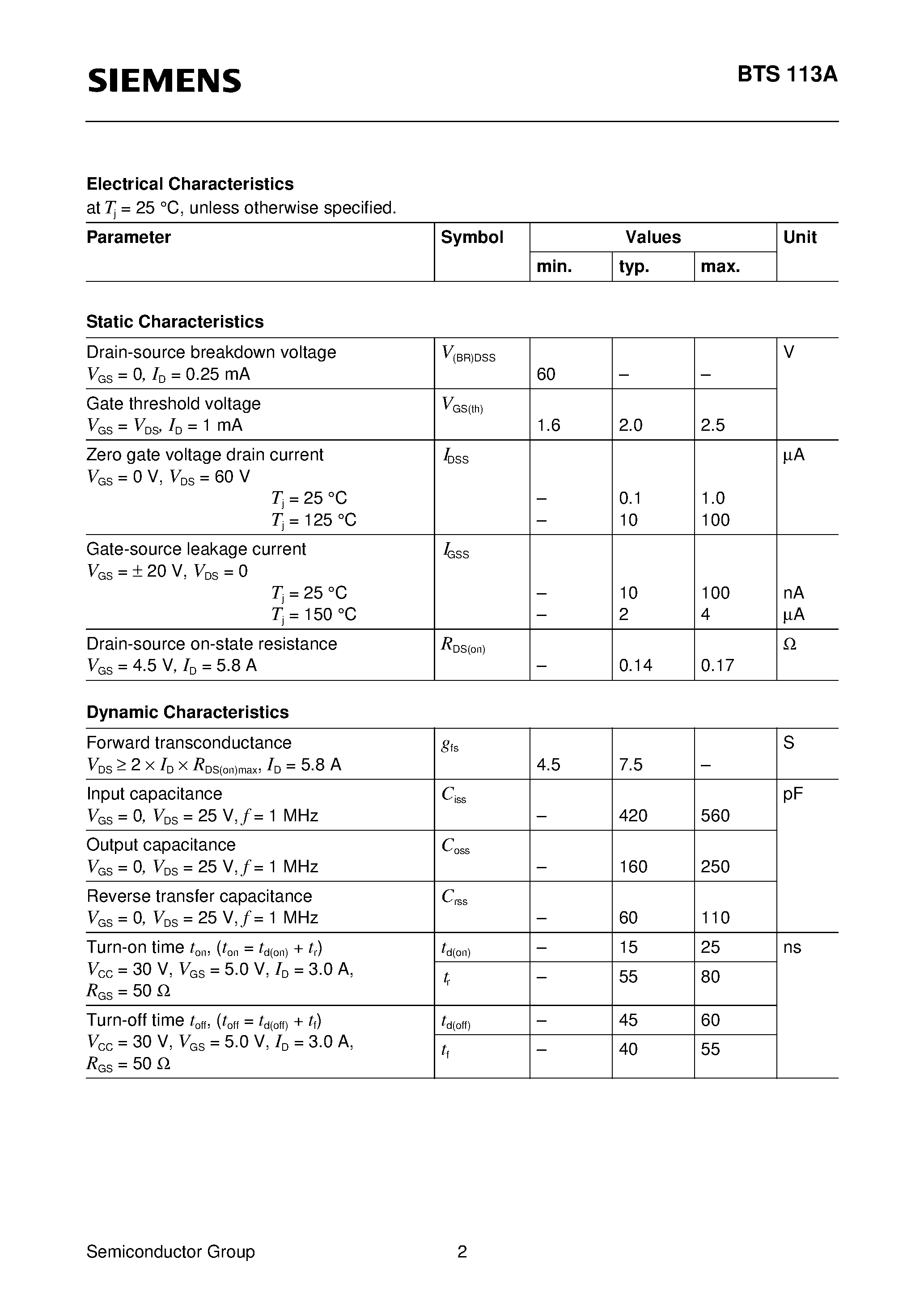 Datasheet BTS113 - TEMPFET (N channel Logic level Enhancement mode Temperature sensor with thyristor characteristic) page 2