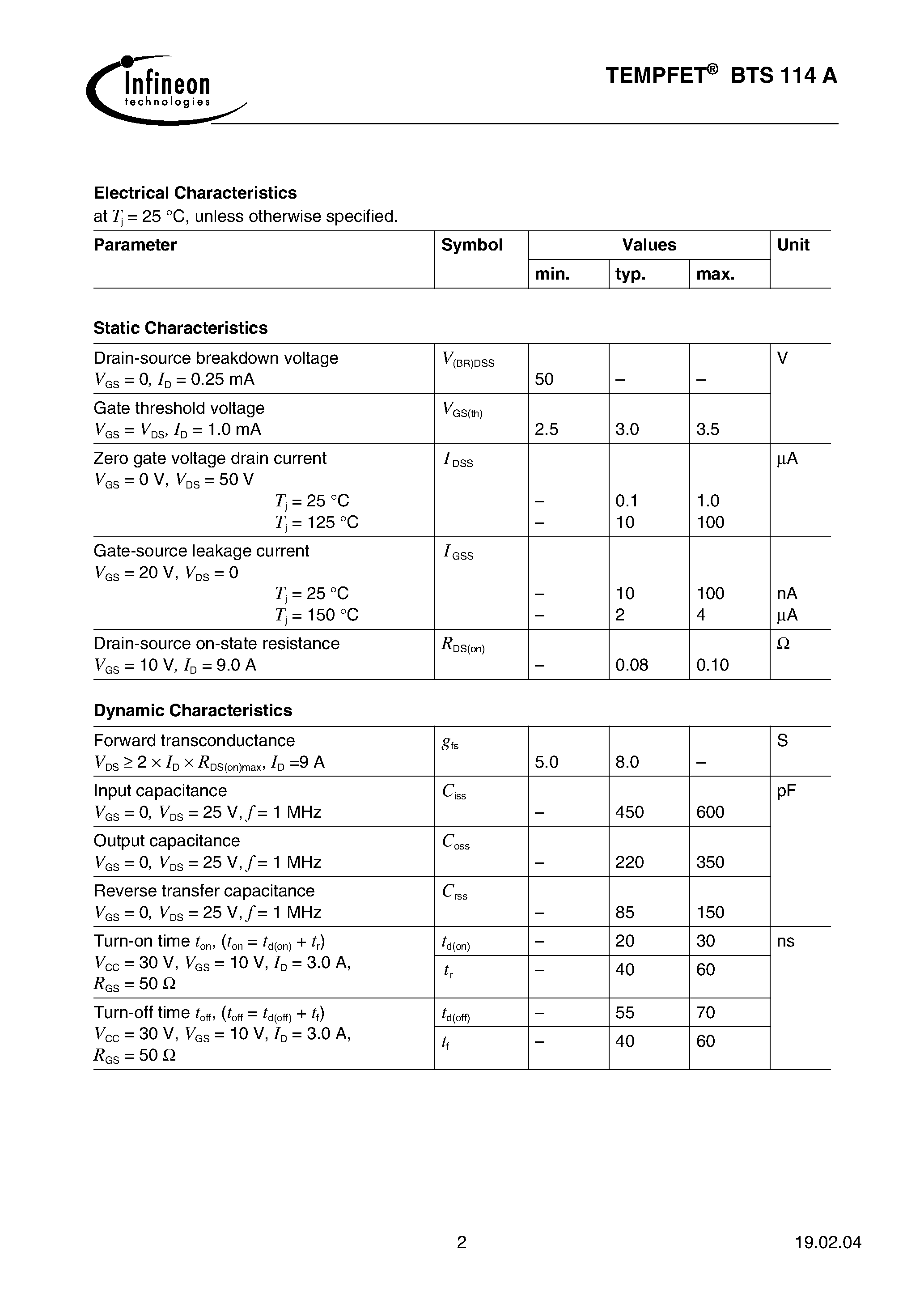 Datasheet BTS114A - TEMPFET(N channel Enhancement mode Temperature sensor with thyristor characteristic) page 2