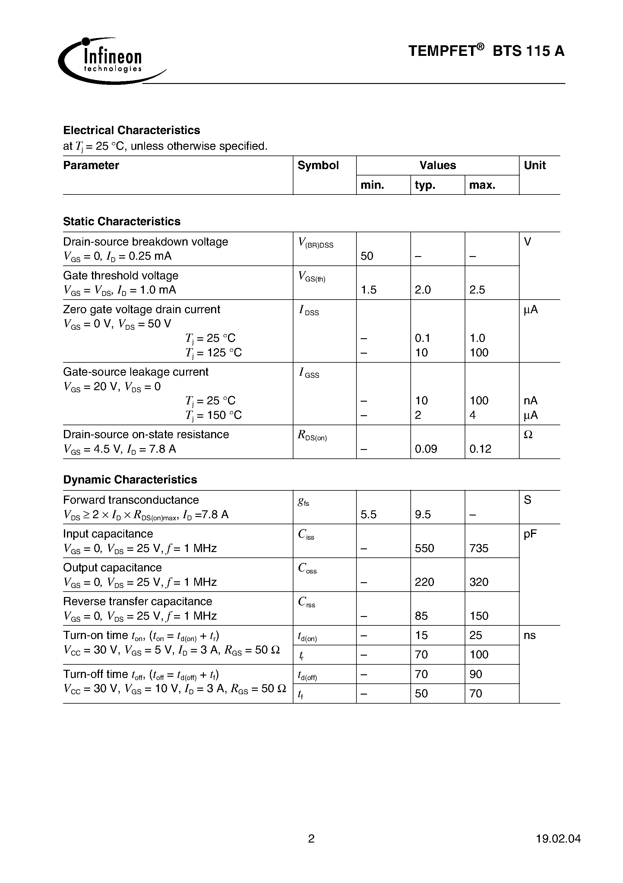 Datasheet BTS115A - TEMPFET(N channel Logic level Enhancement mode Temperature sensor with thyristor characteristic) page 2