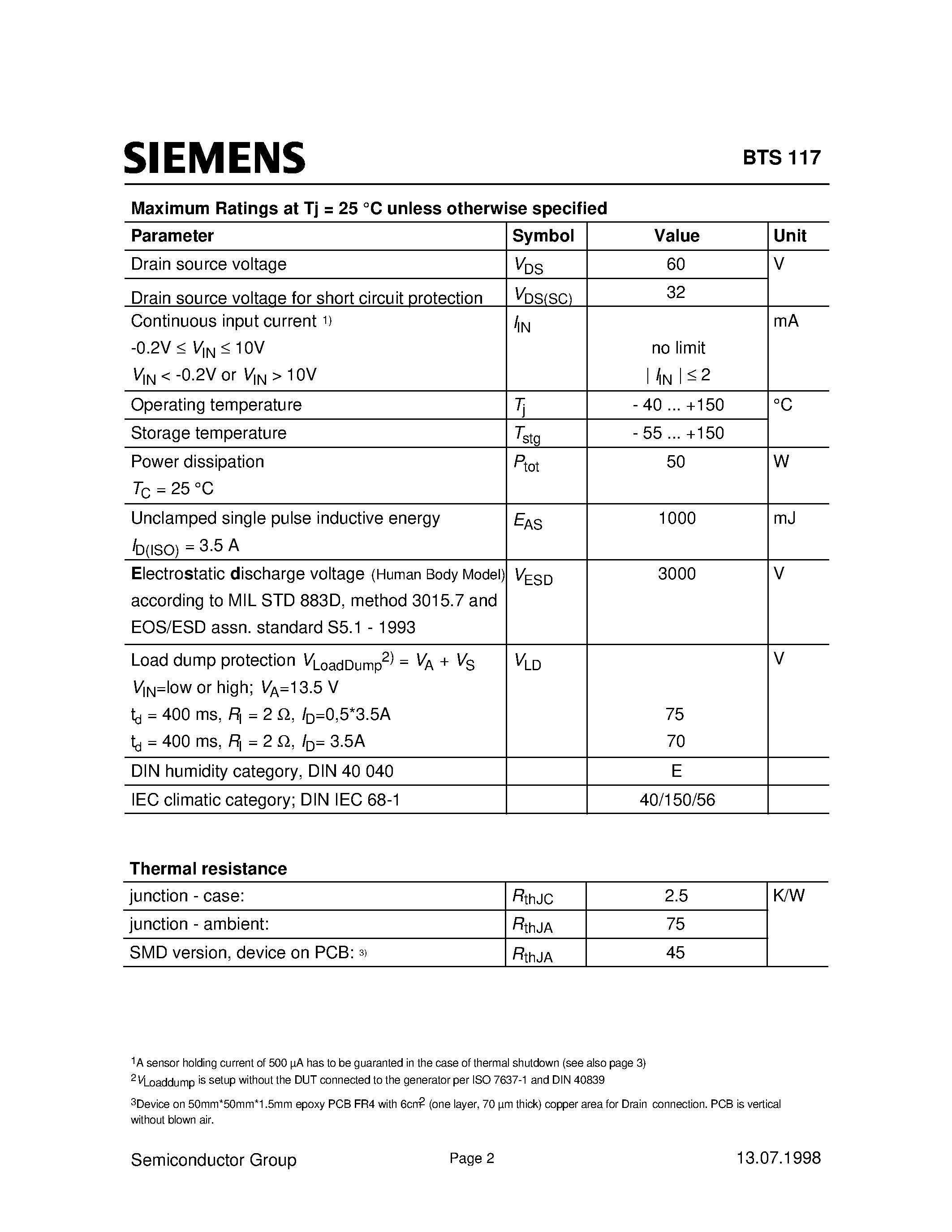 Даташит на микросхему BTS117 страница 2 Даташит BTS117 - Smart Lowside Power Switch (Logic Level Input Input Protection ESD Thermal Shutdown Overload protection) страница 2