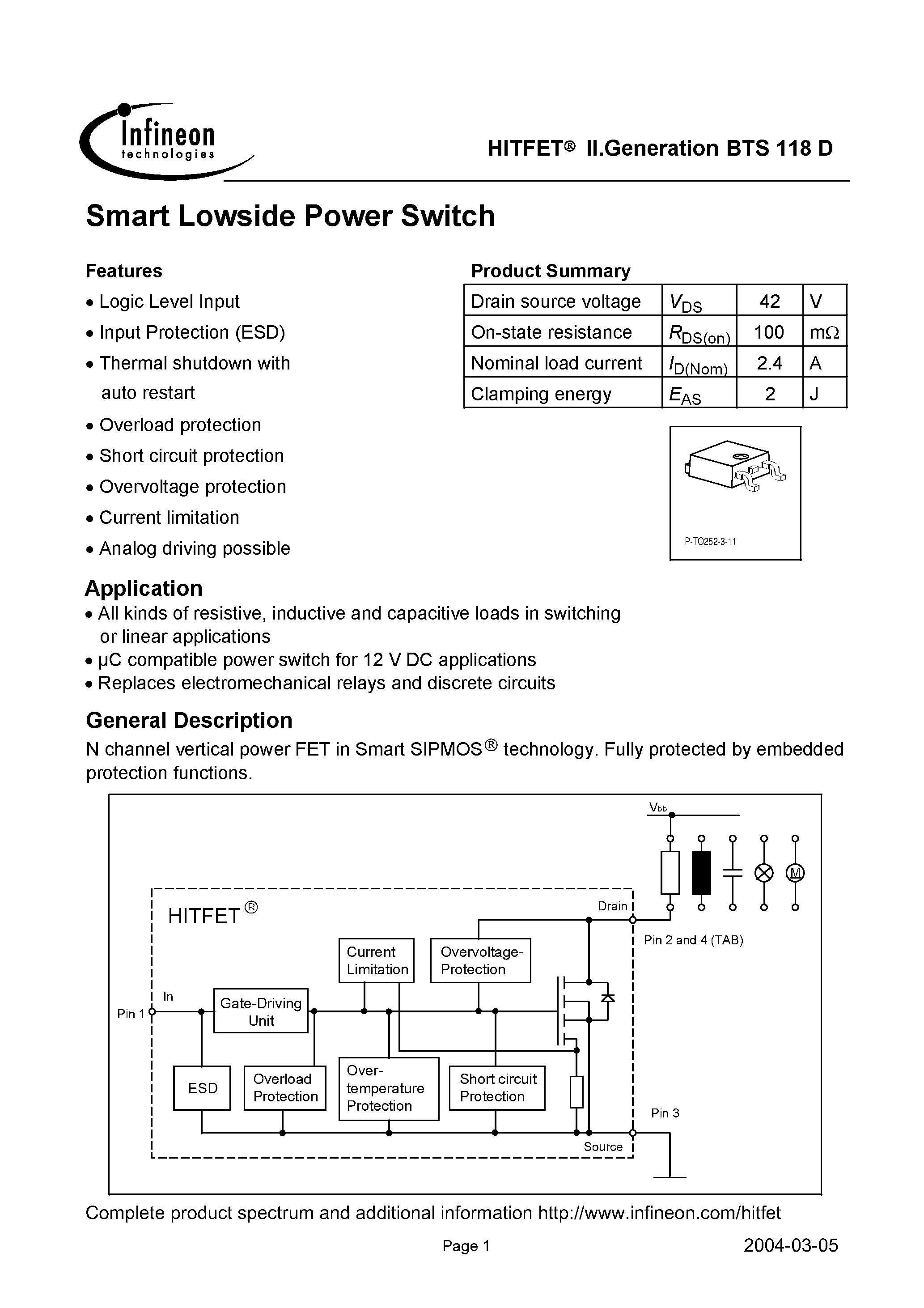 Даташит на микросхему BTS118D страница 1 Даташит BTS118D - Smart Lowside Power Switch страница 1