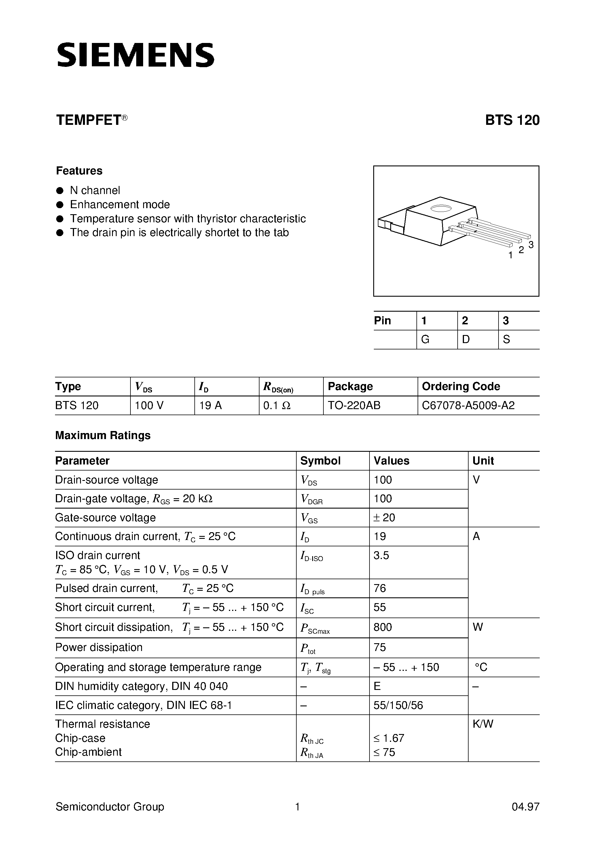 Datasheet BTS120 - TEMPFET (N channel Enhancement mode Temperature sensor with thyristor characteristic) page 1