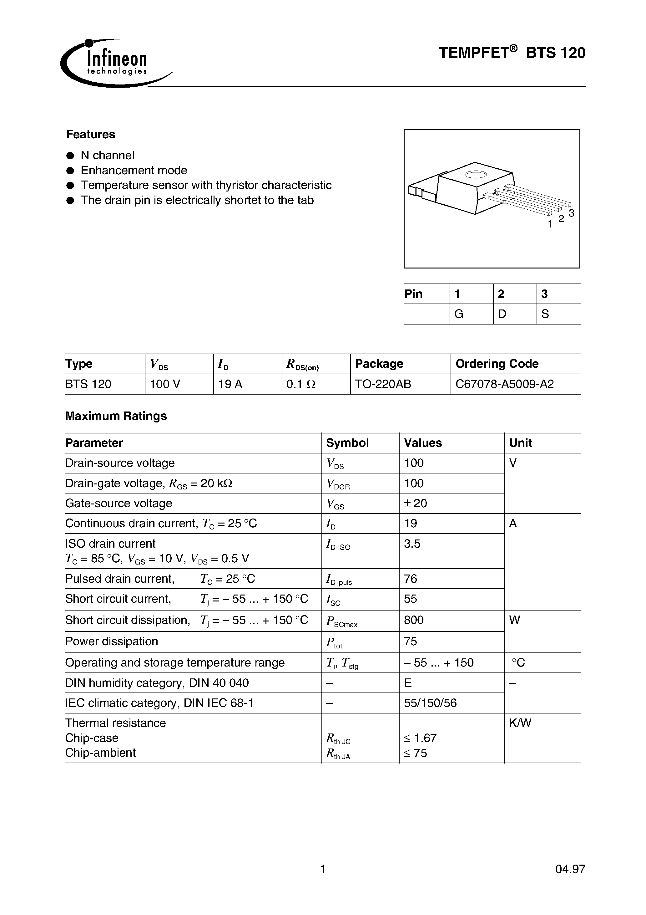 Datasheet BTS120 - TEMPFET(N channel Enhancement mode Temperature sensor with thyristor characteristic) page 1