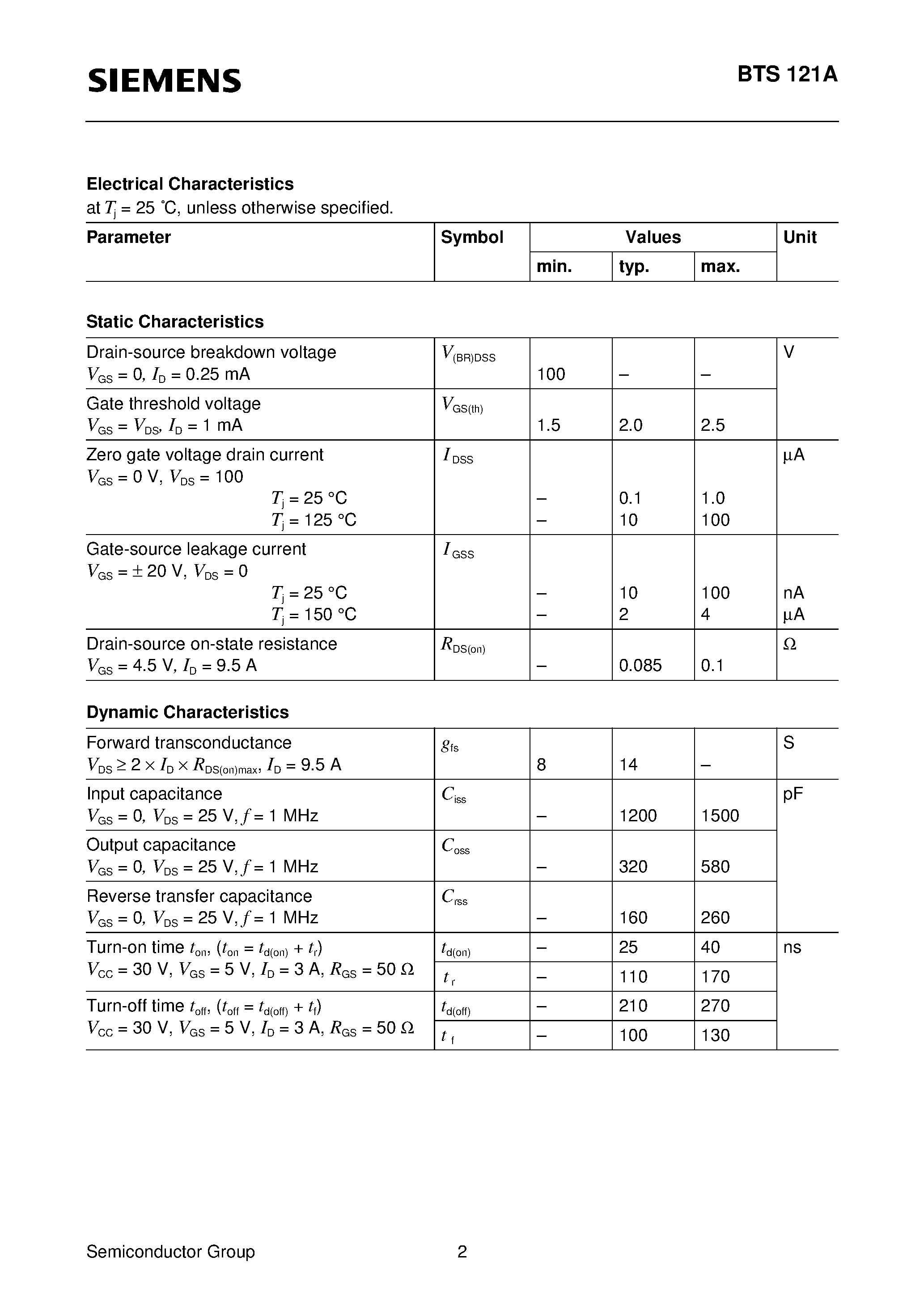 Datasheet BTS121A - TEMPFET (N channel Logic level Enhancement mode Temperature sensor with thyristor characteristic) page 2