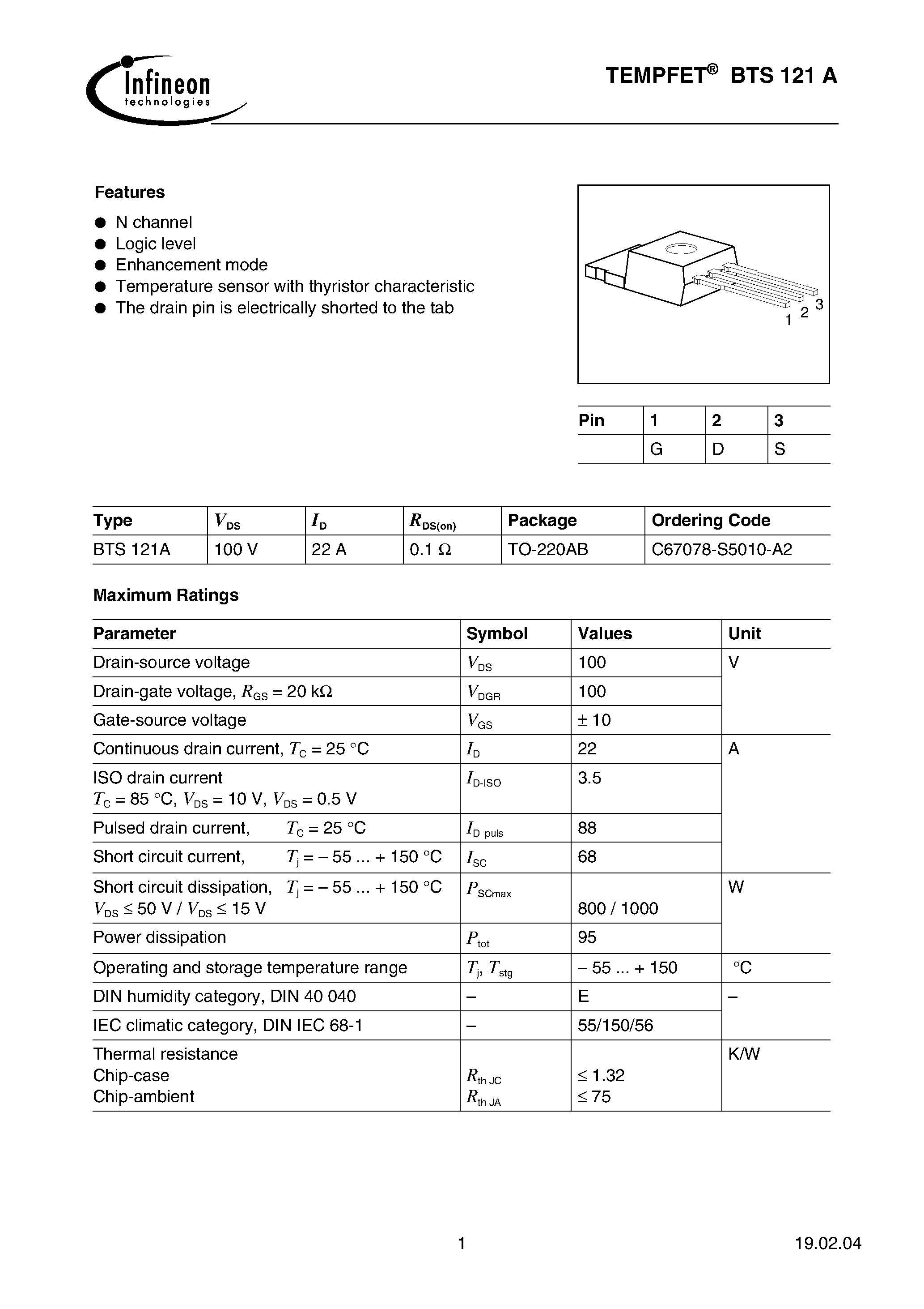 Datasheet BTS121A - TEMPFET(N channel Logic level Enhancement mode Temperature sensor with thyristor characteristic) page 1