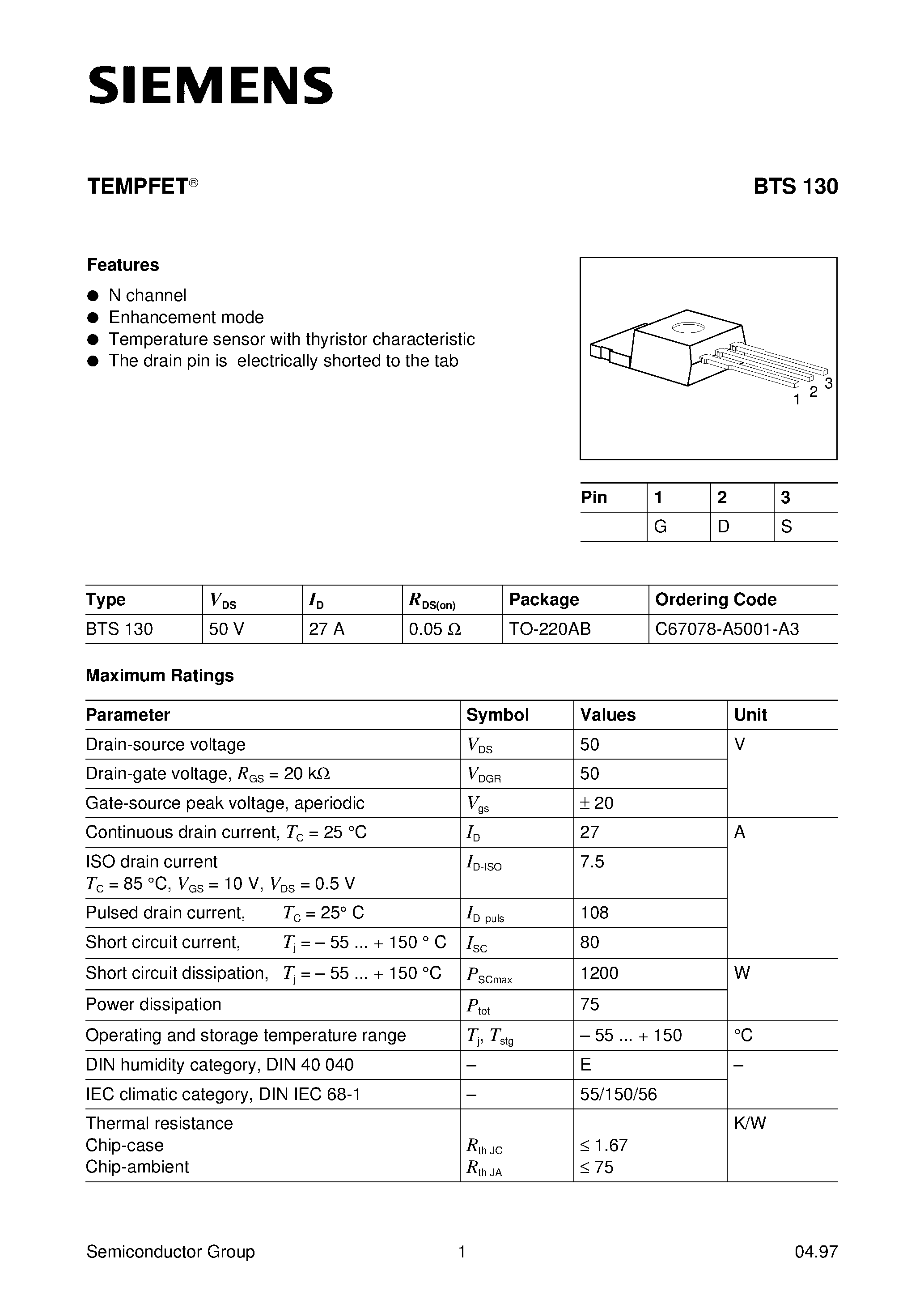 Datasheet BTS130 - TEMPFET (N channel Enhancement mode Temperature sensor with thyristor characteristic) page 1