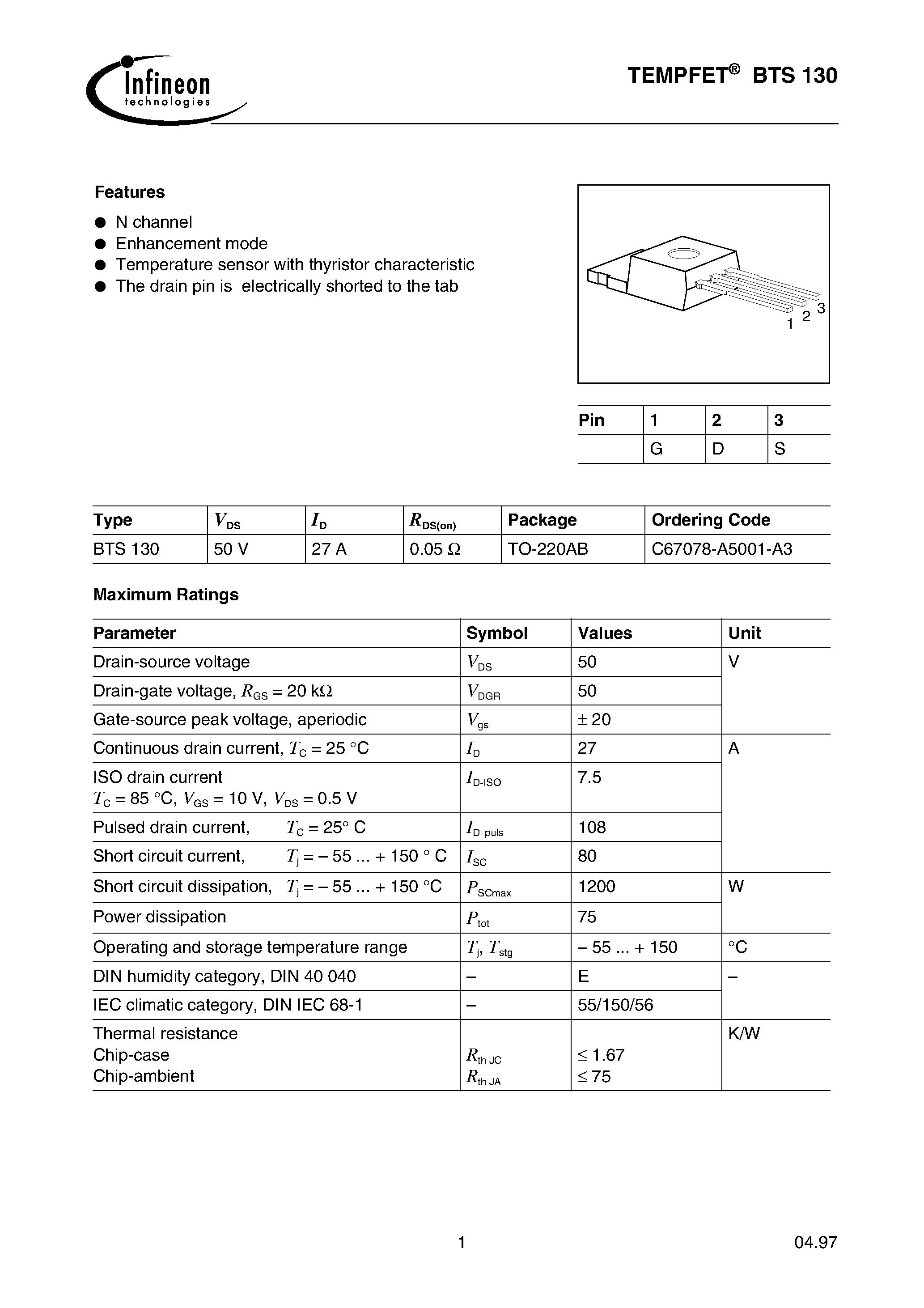 Datasheet BTS130 - TEMPFET(N channel Enhancement mode Temperature sensor with thyristor characteristic) page 1