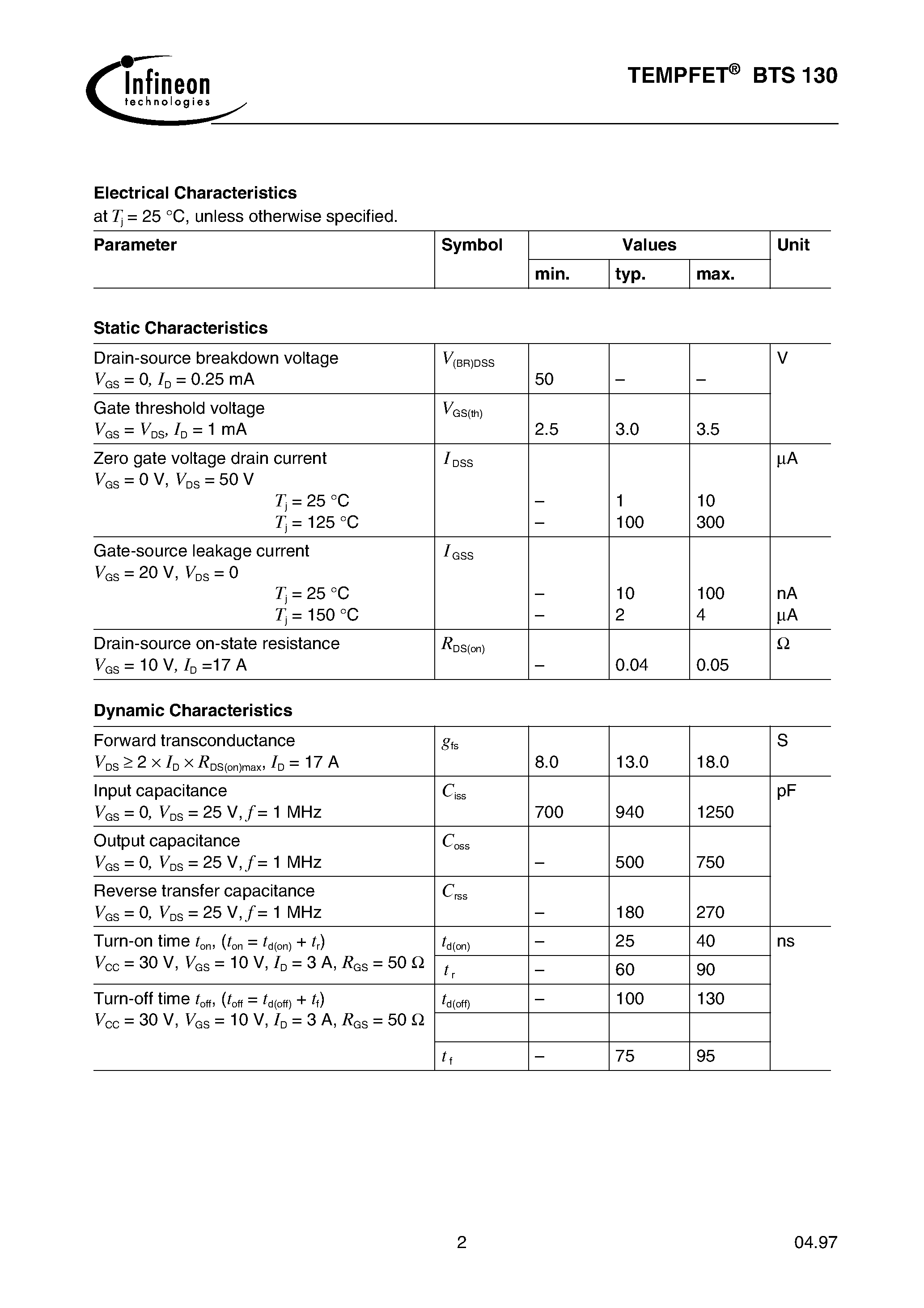 Datasheet BTS130 - TEMPFET(N channel Enhancement mode Temperature sensor with thyristor characteristic) page 2