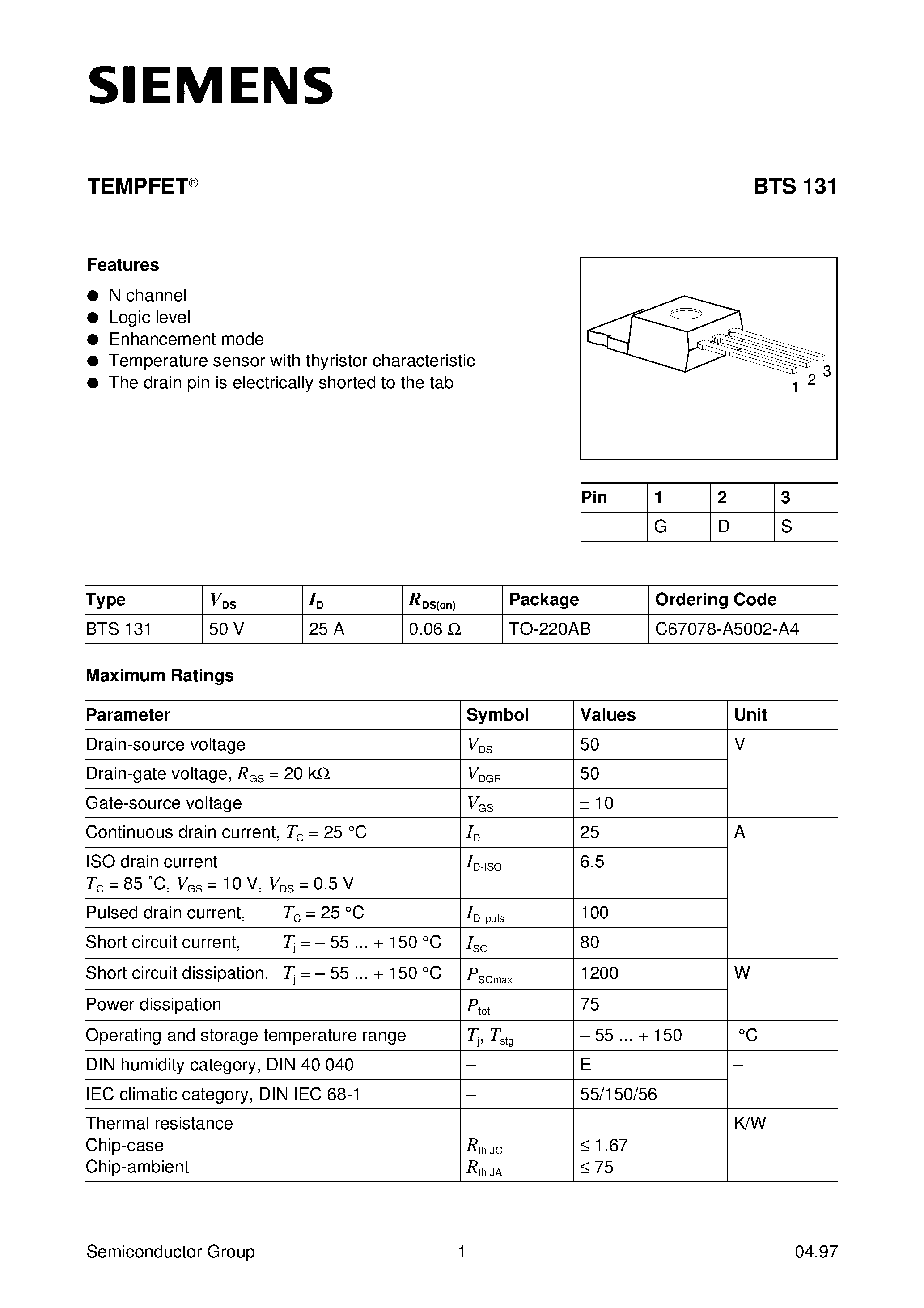 Datasheet BTS131 - TEMPFET (N channel Logic level Enhancement mode Temperature sensor with thyristor characteristic) page 1