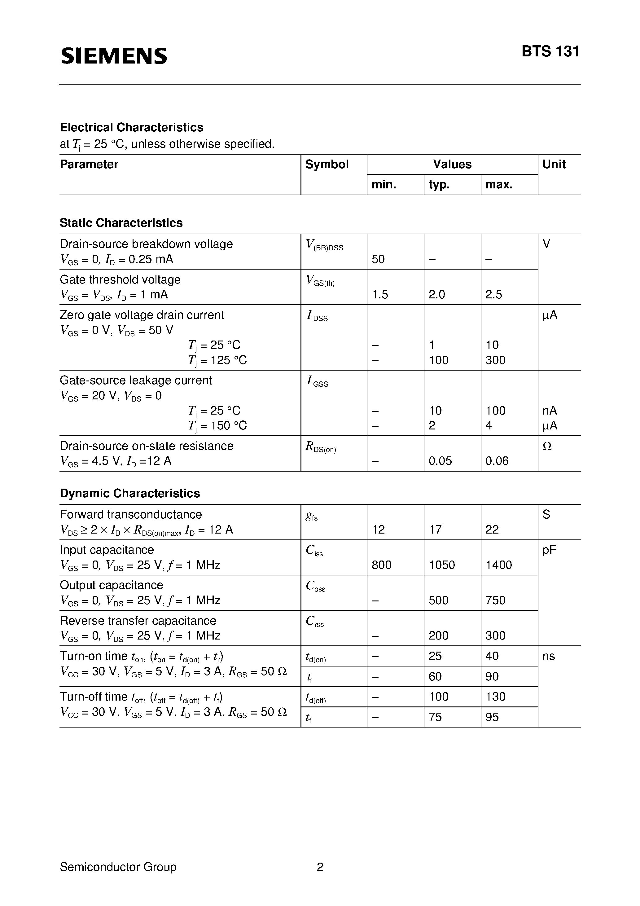 Datasheet BTS131 - TEMPFET (N channel Logic level Enhancement mode Temperature sensor with thyristor characteristic) page 2