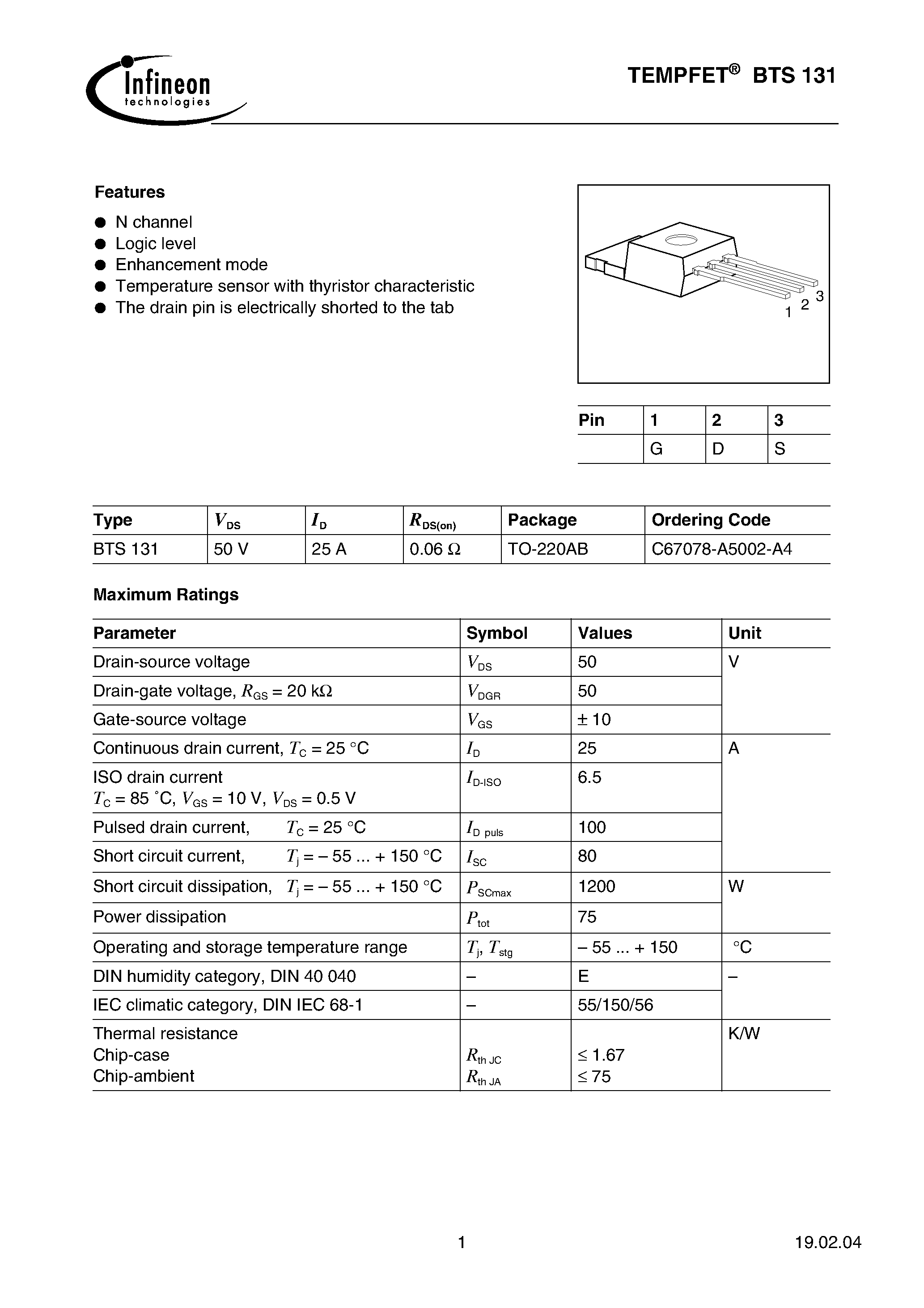 Datasheet BTS131 - TEMPFET(N channel Logic level Enhancement mode Temperature sensor with thyristor characteristic) page 1