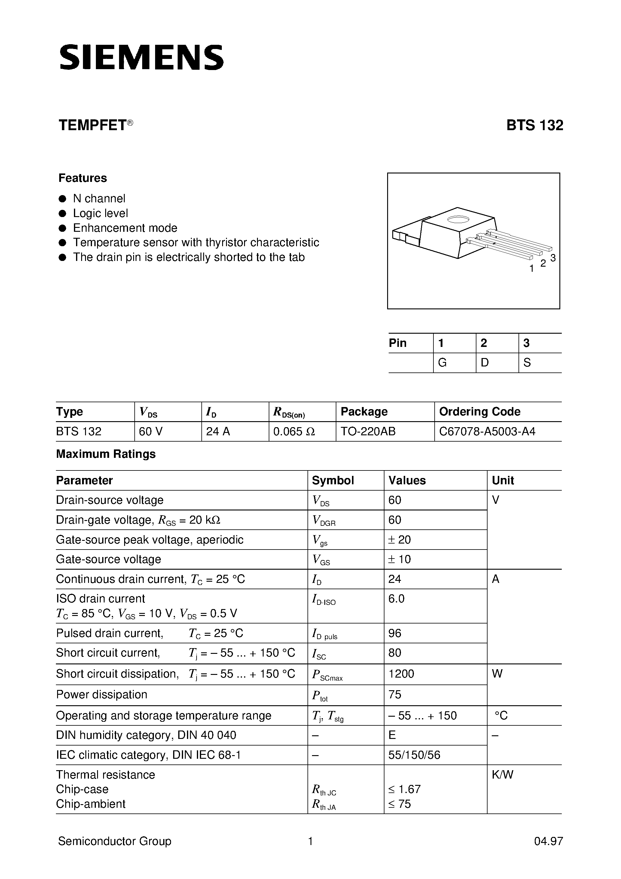 Datasheet BTS132 - TEMPFET (N channel Logic level Enhancement mode Temperature sensor with thyristor characteristic) page 1