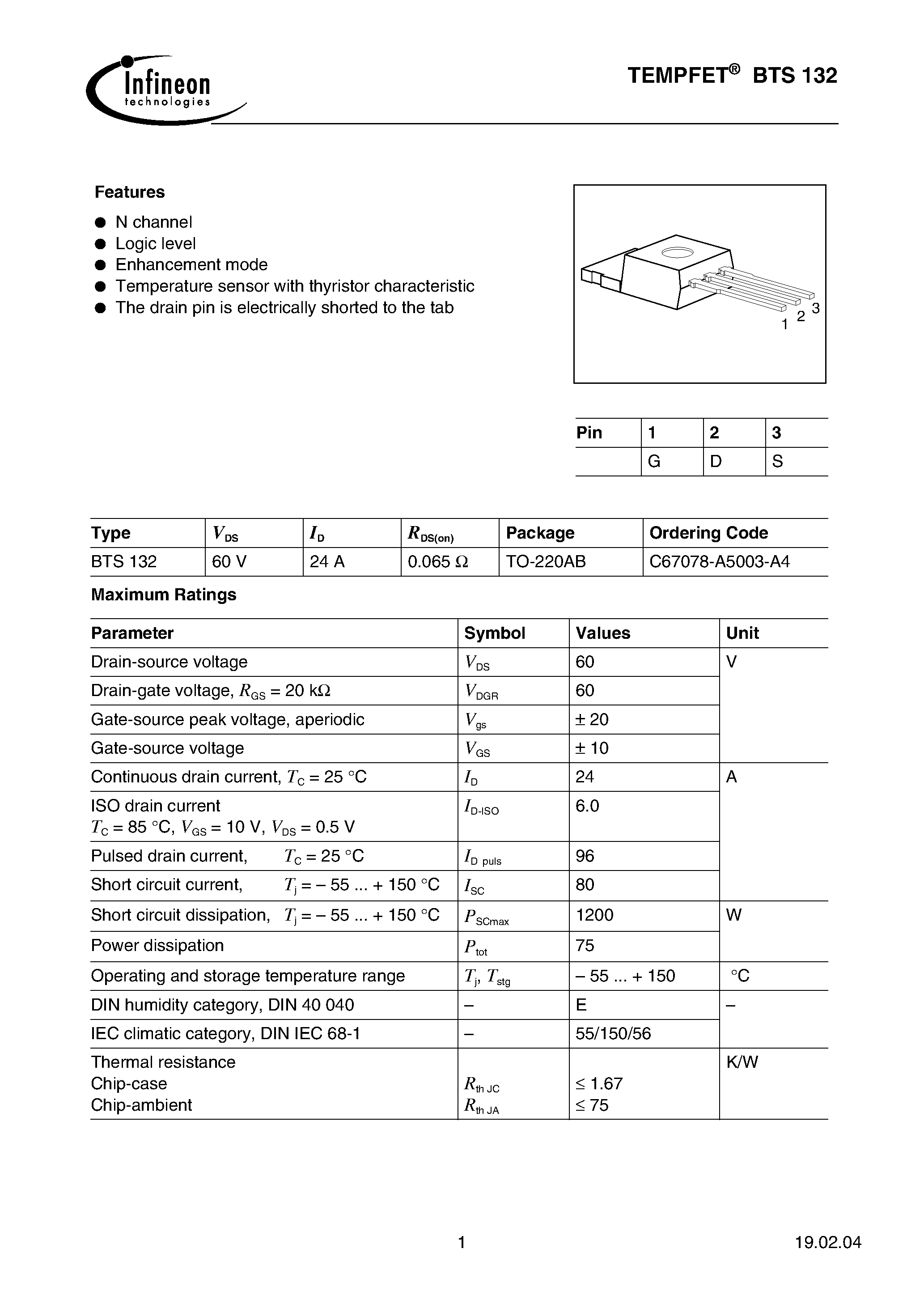 Datasheet BTS132 - TEMPFET(N channel Logic level Enhancement mode Temperature sensor with thyristor characteristic) page 1