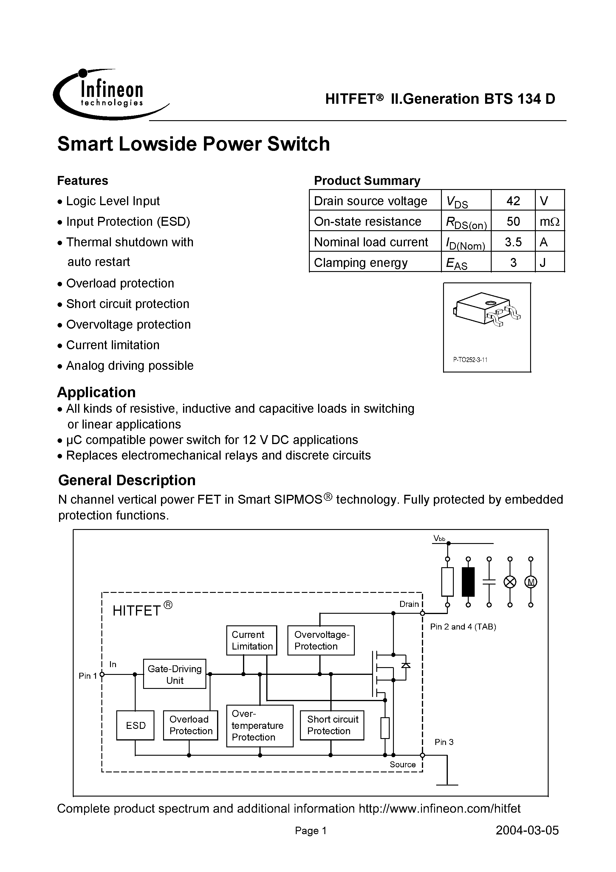 Даташит на микросхему BTS134D страница 1 Даташит BTS134D - Smart Lowside Power Switch страница 1