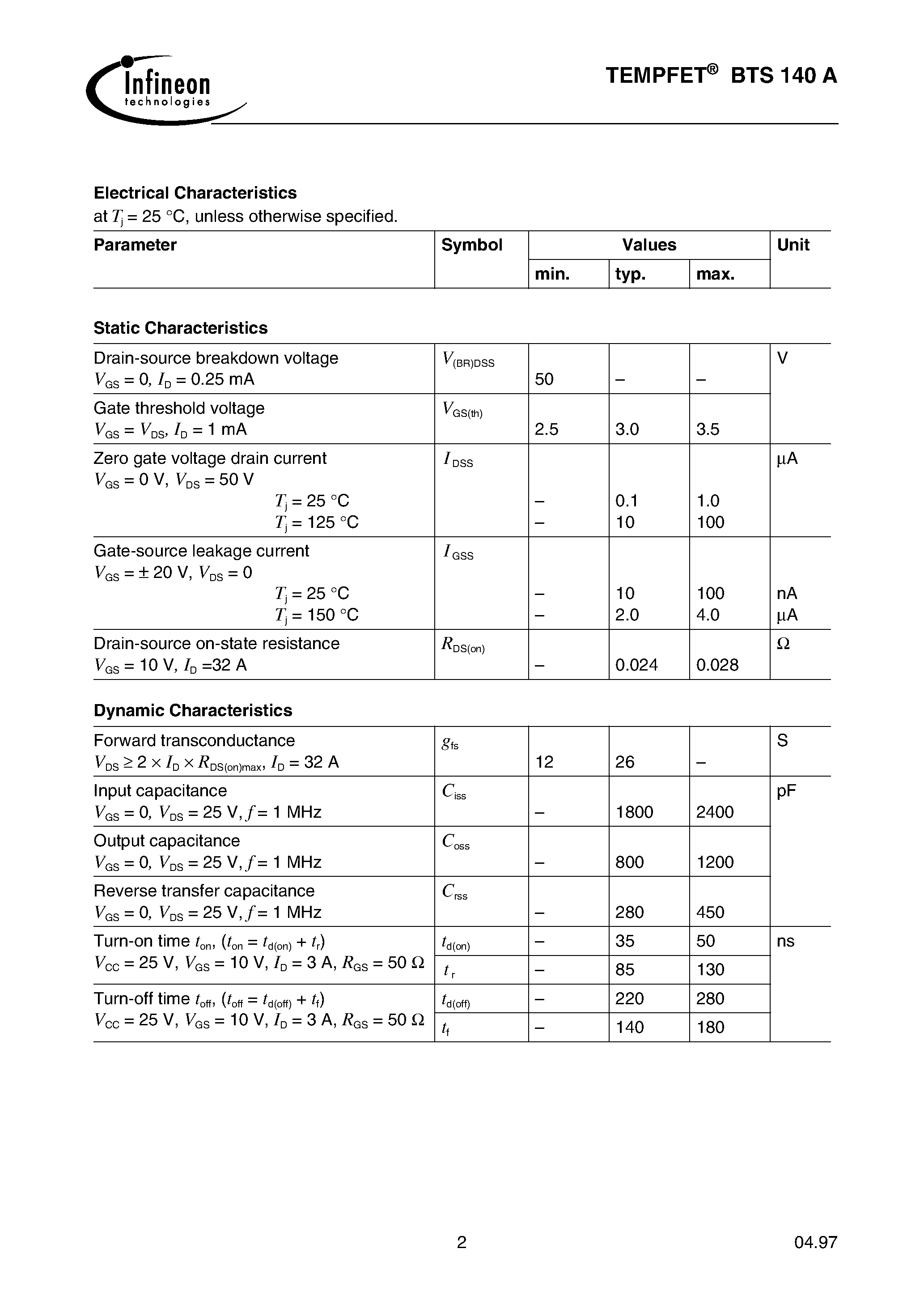Datasheet BTS140 - TEMPFET(N channel Enhancement mode Temperature sensor with thyristor characteristic) page 2