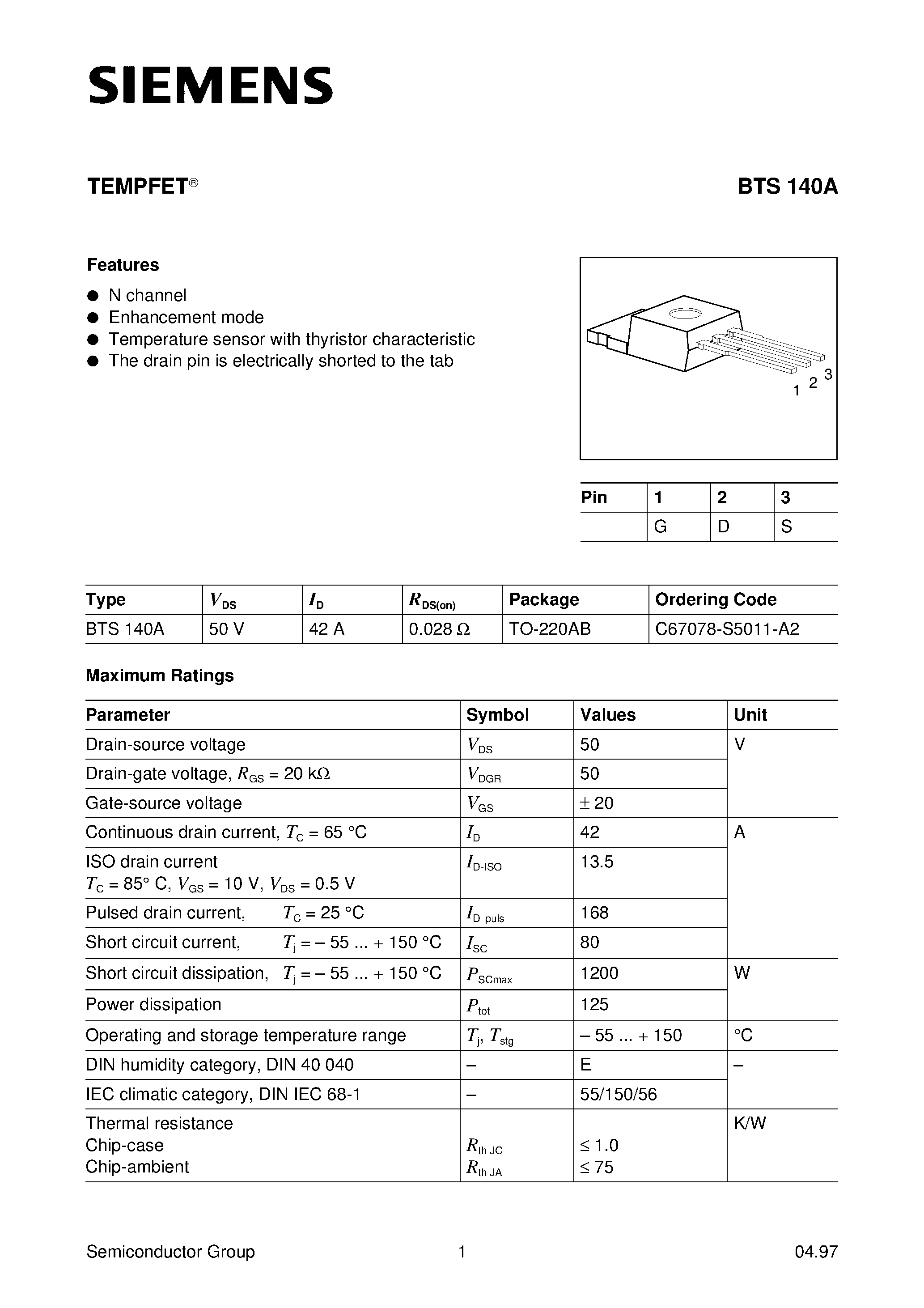 Даташит BTS140A - TEMPFET (N channel Enhancement mode Temperature sensor with thyristor characteristic) страница 1