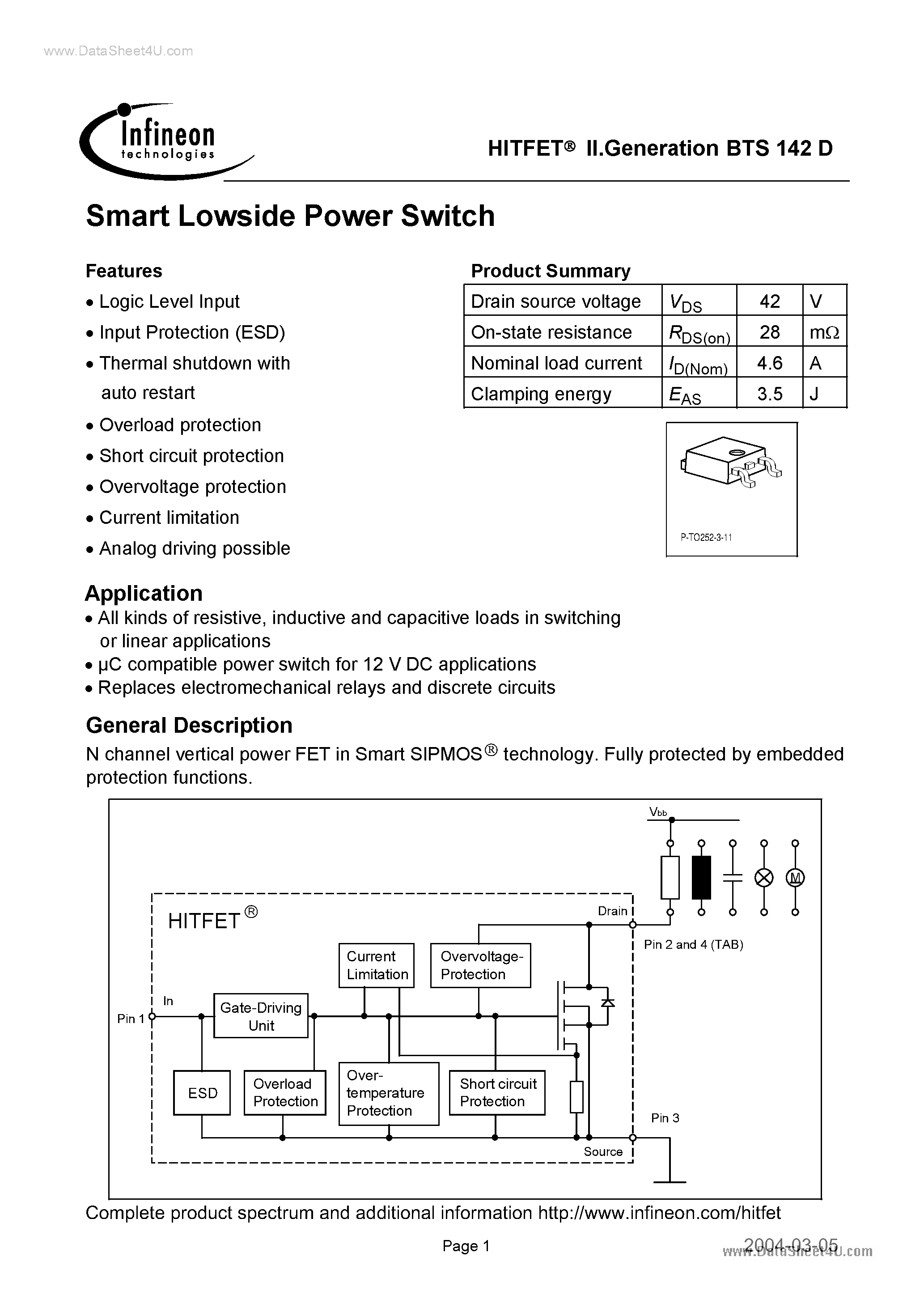 Даташит на микросхему BTS142D страница 1 Даташит BTS142D - Smart Lowside Power Switch страница 1