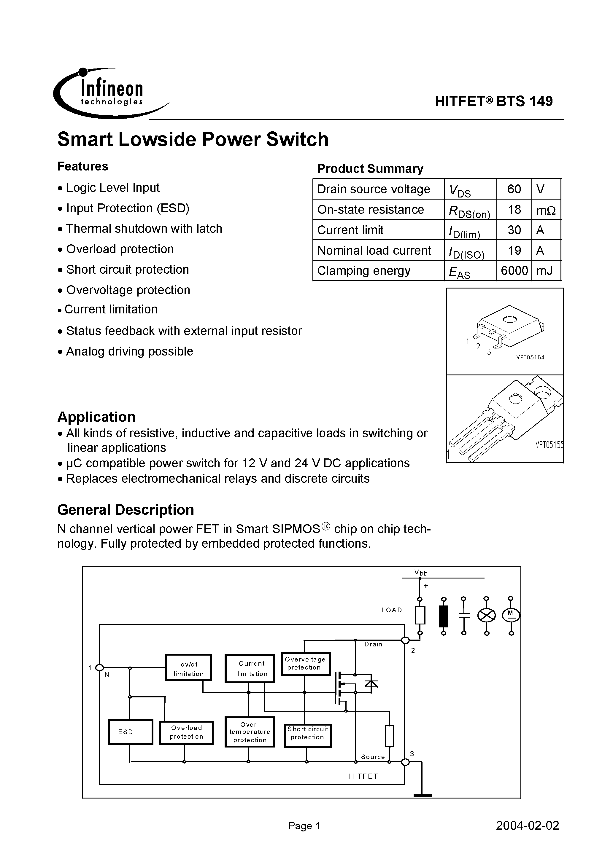 Даташит на микросхему BTS149 страница 1 Даташит BTS149 - Smart Lowside Power Switch страница 1