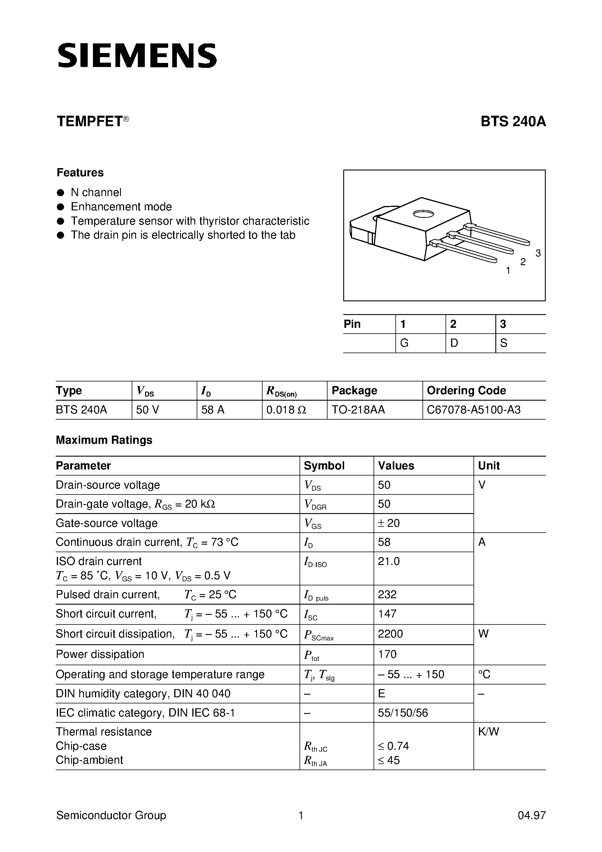 Datasheet BTS240A - TEMPFET (N channel Enhancement mode Temperature sensor with thyristor characteristic) page 1