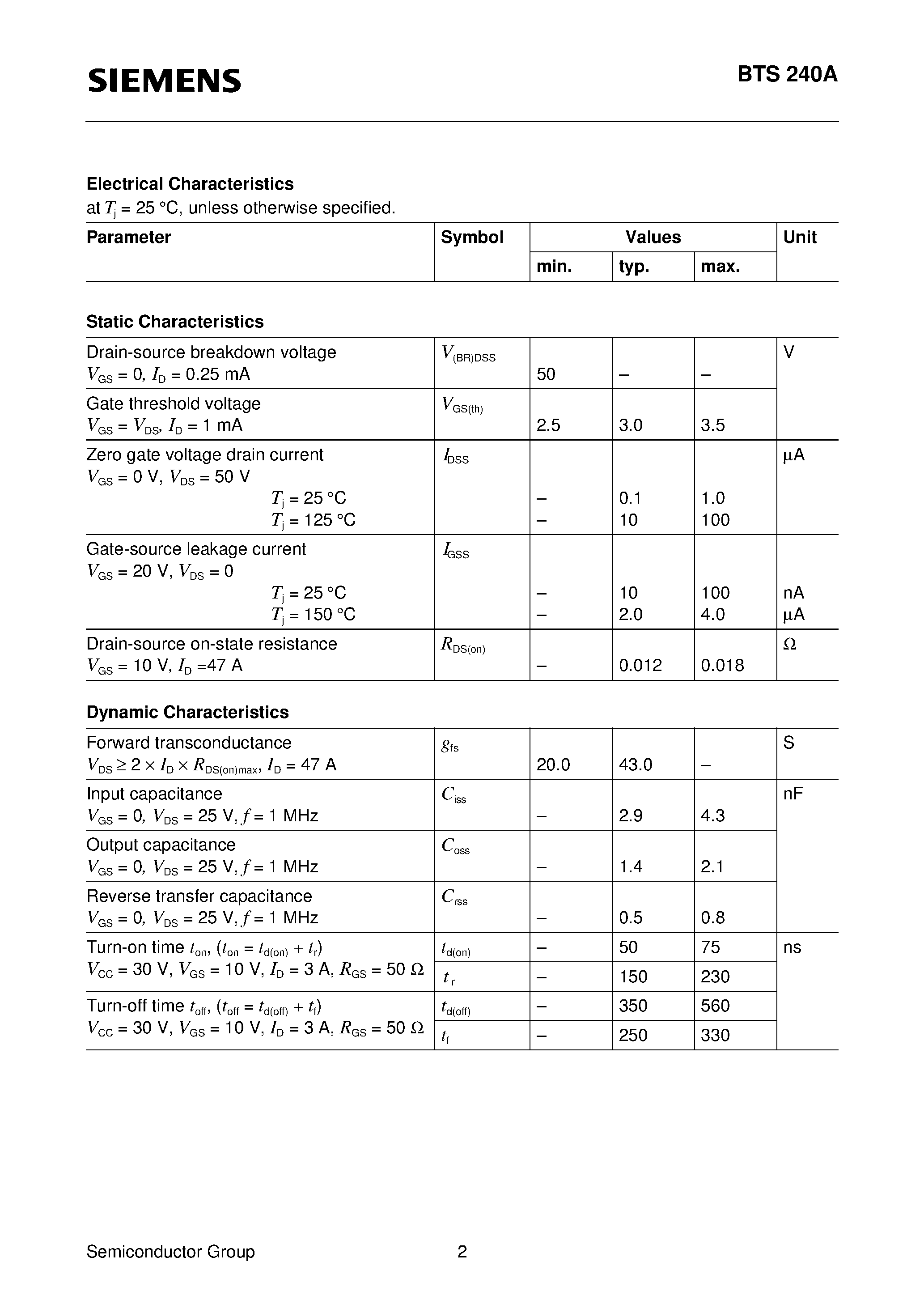 Datasheet BTS240A - TEMPFET (N channel Enhancement mode Temperature sensor with thyristor characteristic) page 2