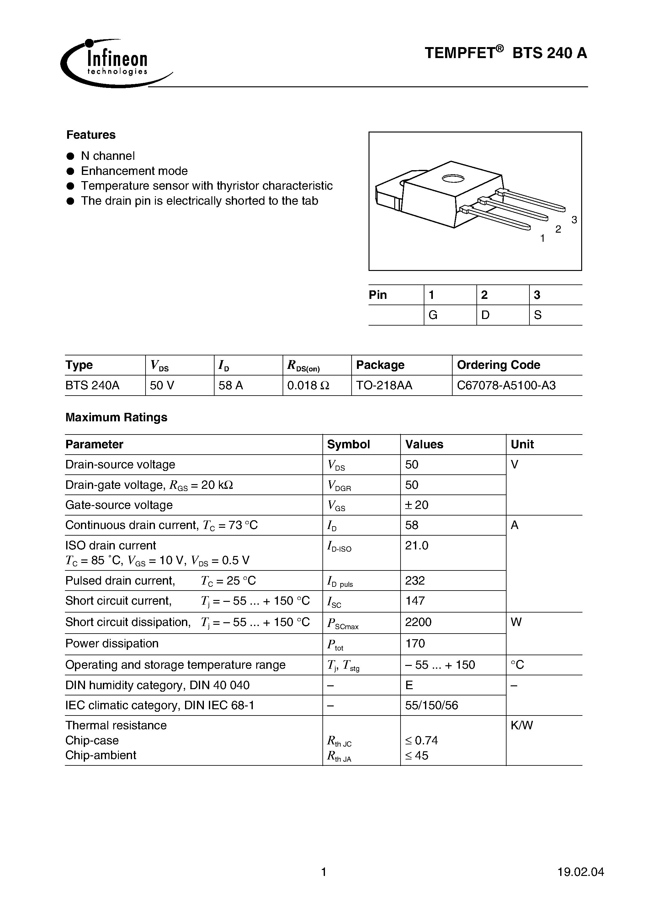 Datasheet BTS240A - TEMPFET(N channel Enhancement mode Temperature sensor with thyristor characteristic) page 1