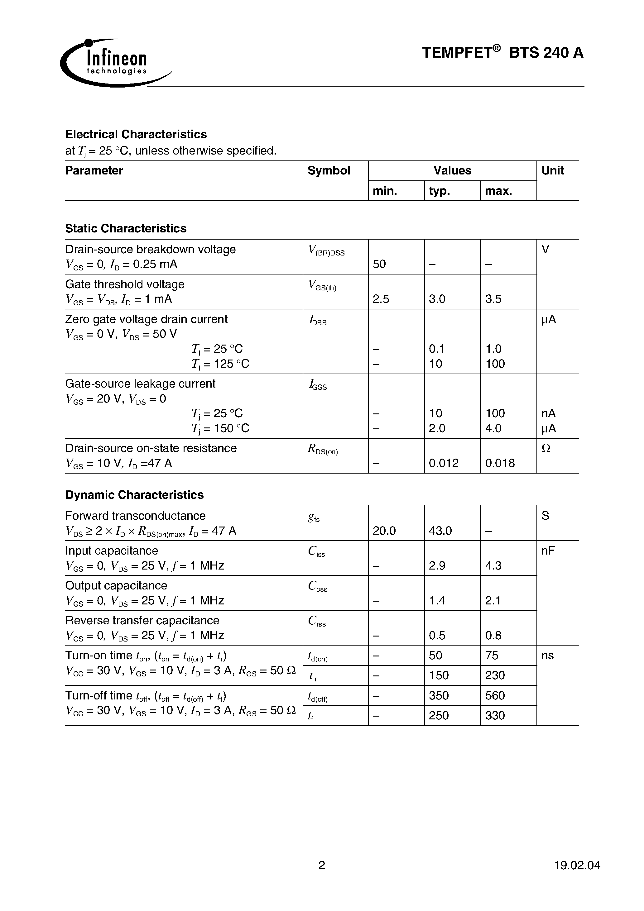 Datasheet BTS240A - TEMPFET(N channel Enhancement mode Temperature sensor with thyristor characteristic) page 2