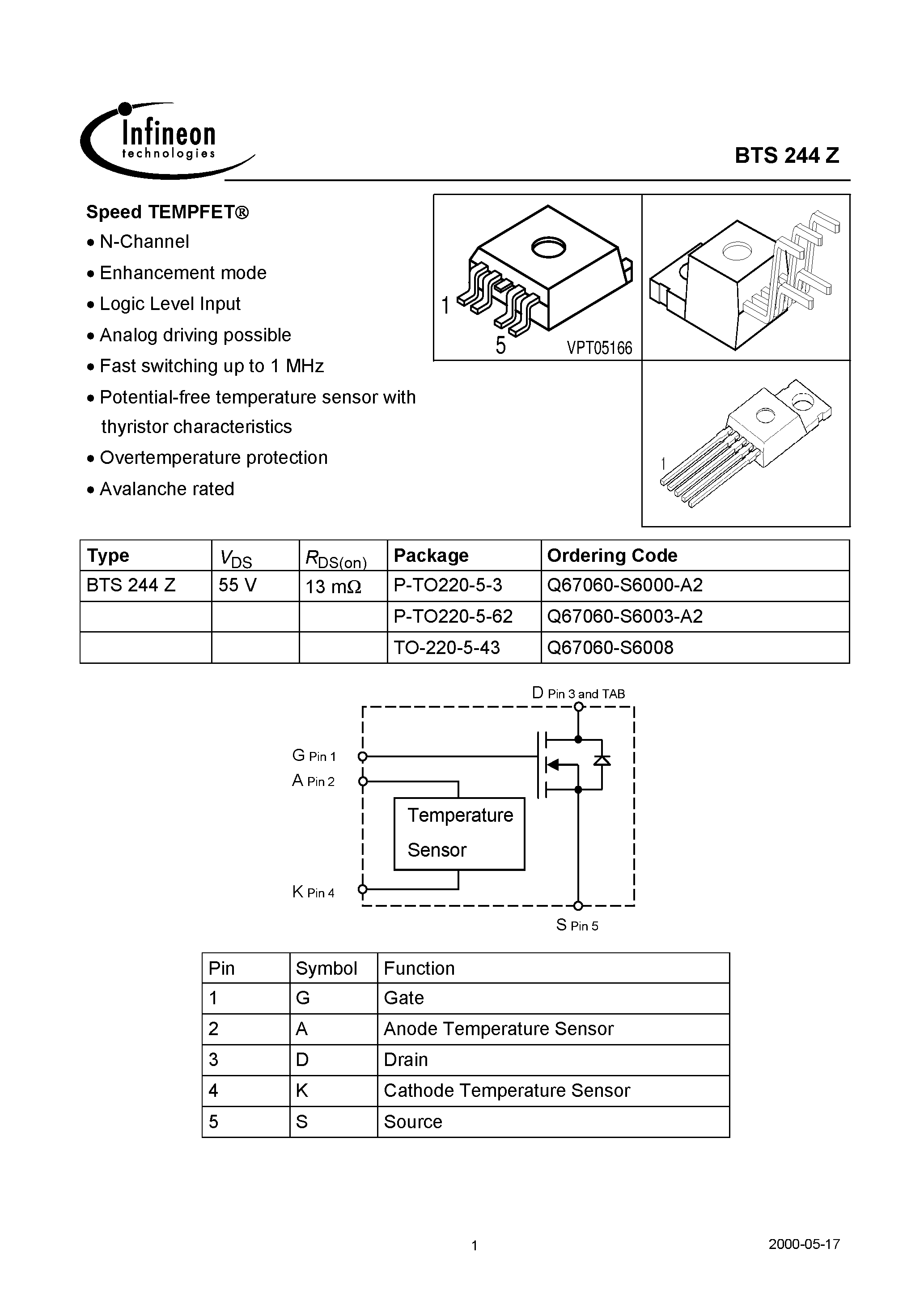 Datasheet BTS244Z - Speed TEMPFET(N-Channel Enhancement mode Logic Level Input Potential-free temperature sensor with thyristor characteristics) page 1