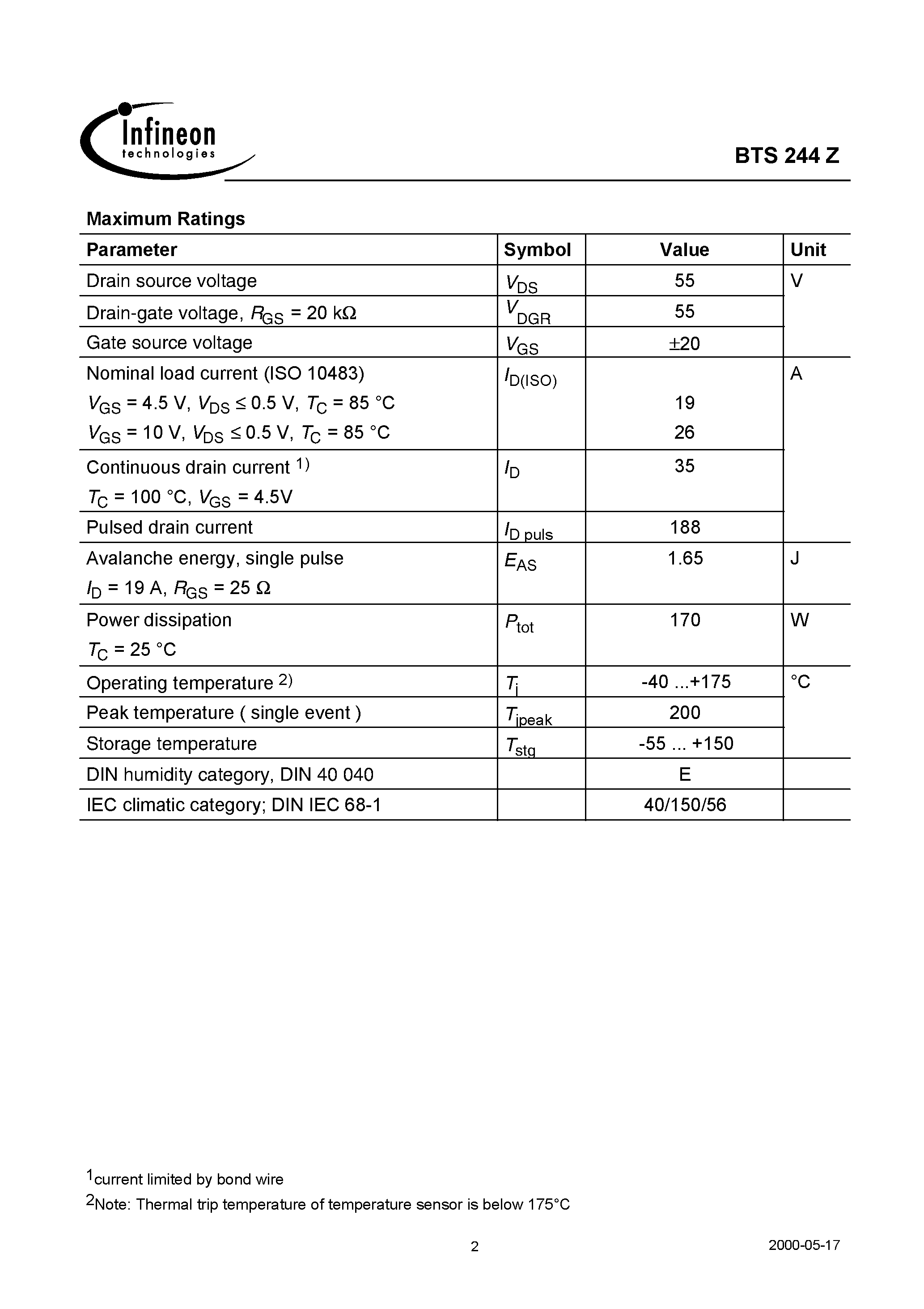 Datasheet BTS244Z - Speed TEMPFET(N-Channel Enhancement mode Logic Level Input Potential-free temperature sensor with thyristor characteristics) page 2