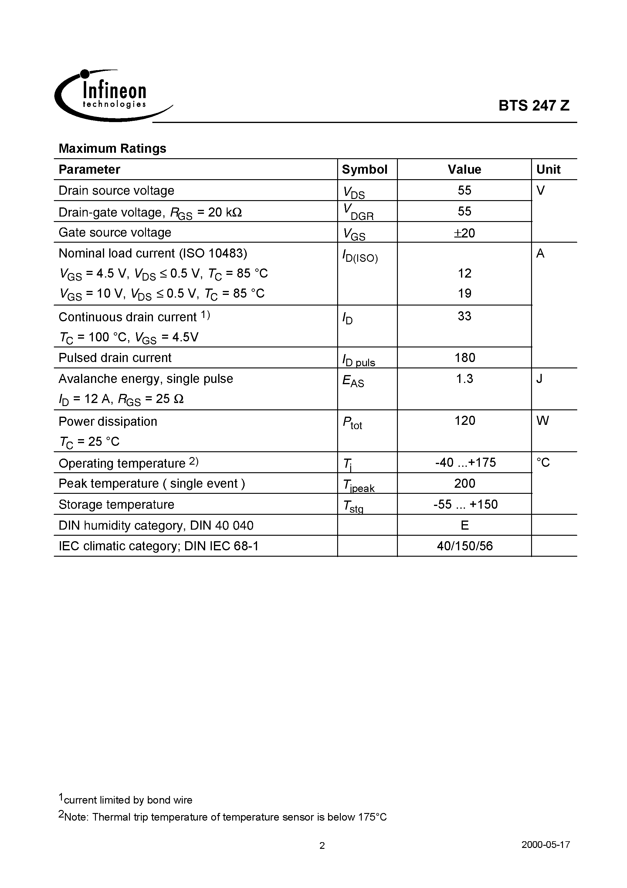 Datasheet BTS247Z - Speed TEMPFET(N-Channel Enhancement mode Logic Level Input Potential-free temperature sensor with thyristor characteristics) page 2