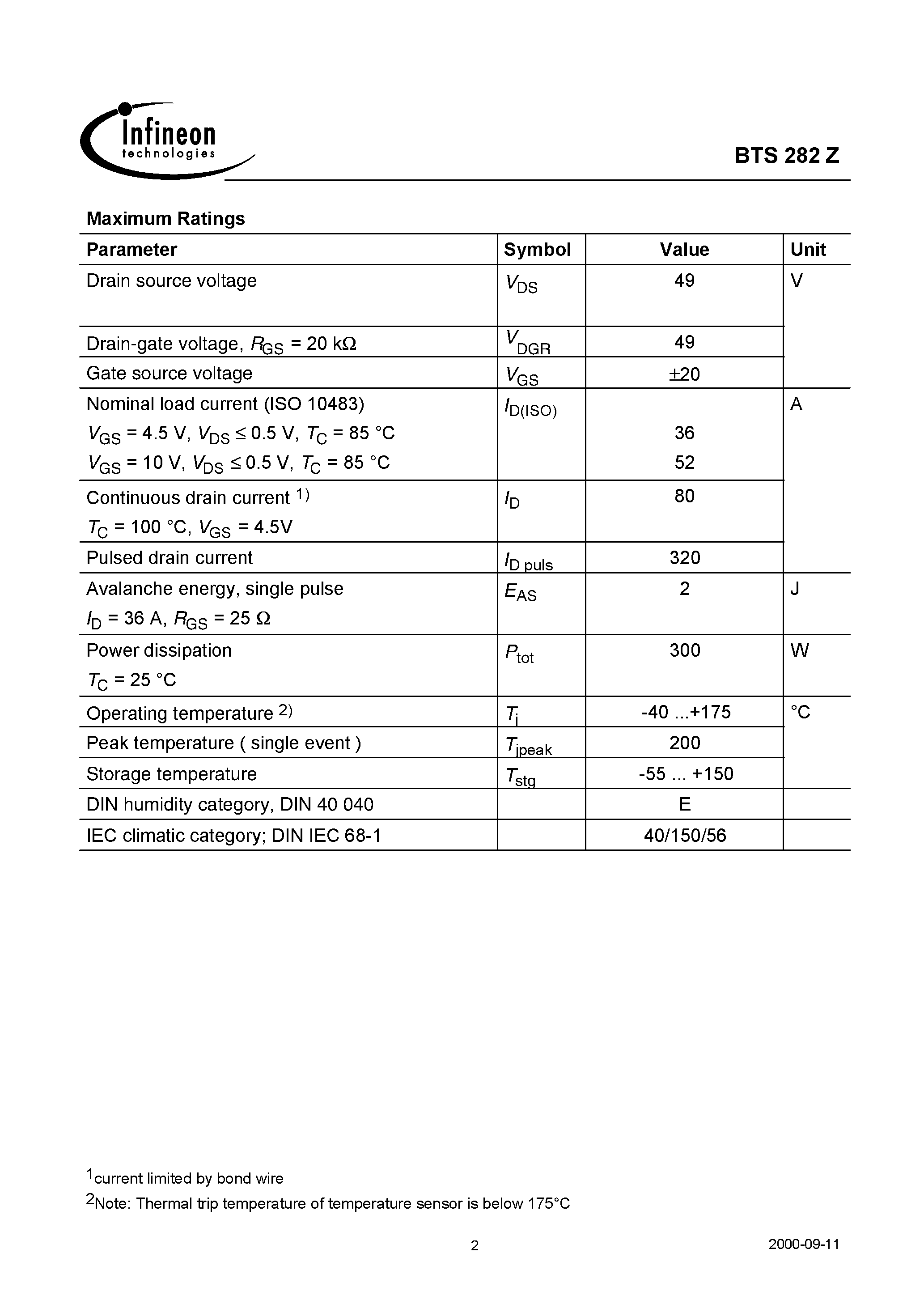 Datasheet BTS282Z - Speed TEMPFET(N-Channel Enhancement mode Logic Level Input Potential-free temperature sensor with thyristor characteristics) page 2