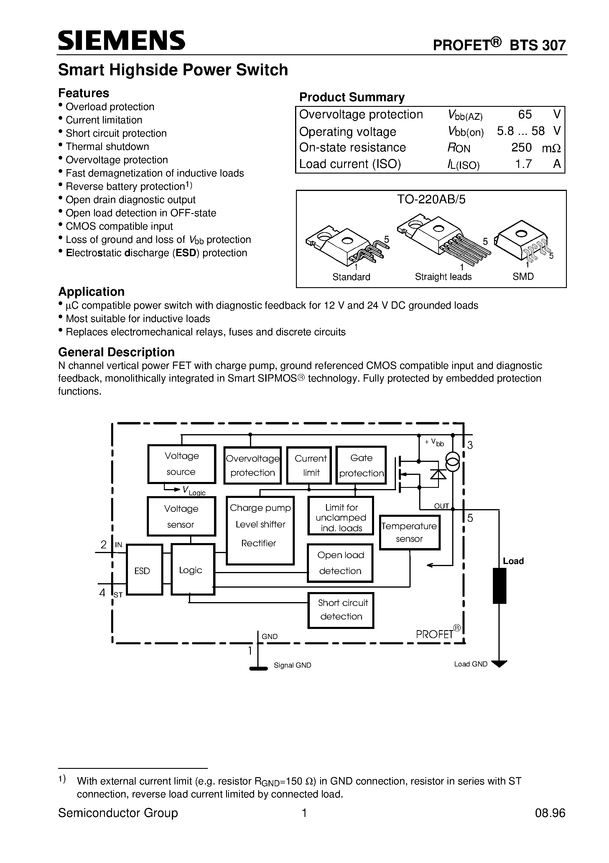 Даташит BTS307 - Smart Highside Power Switch (Overload protection Current limitation Short circuit protection Thermal shutdown) страница 1