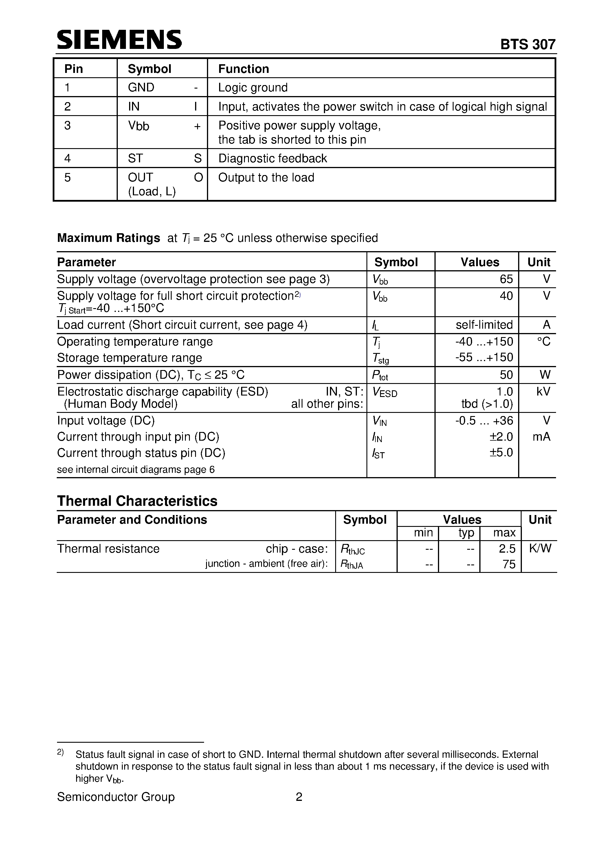Даташит BTS307 - Smart Highside Power Switch (Overload protection Current limitation Short circuit protection Thermal shutdown) страница 2