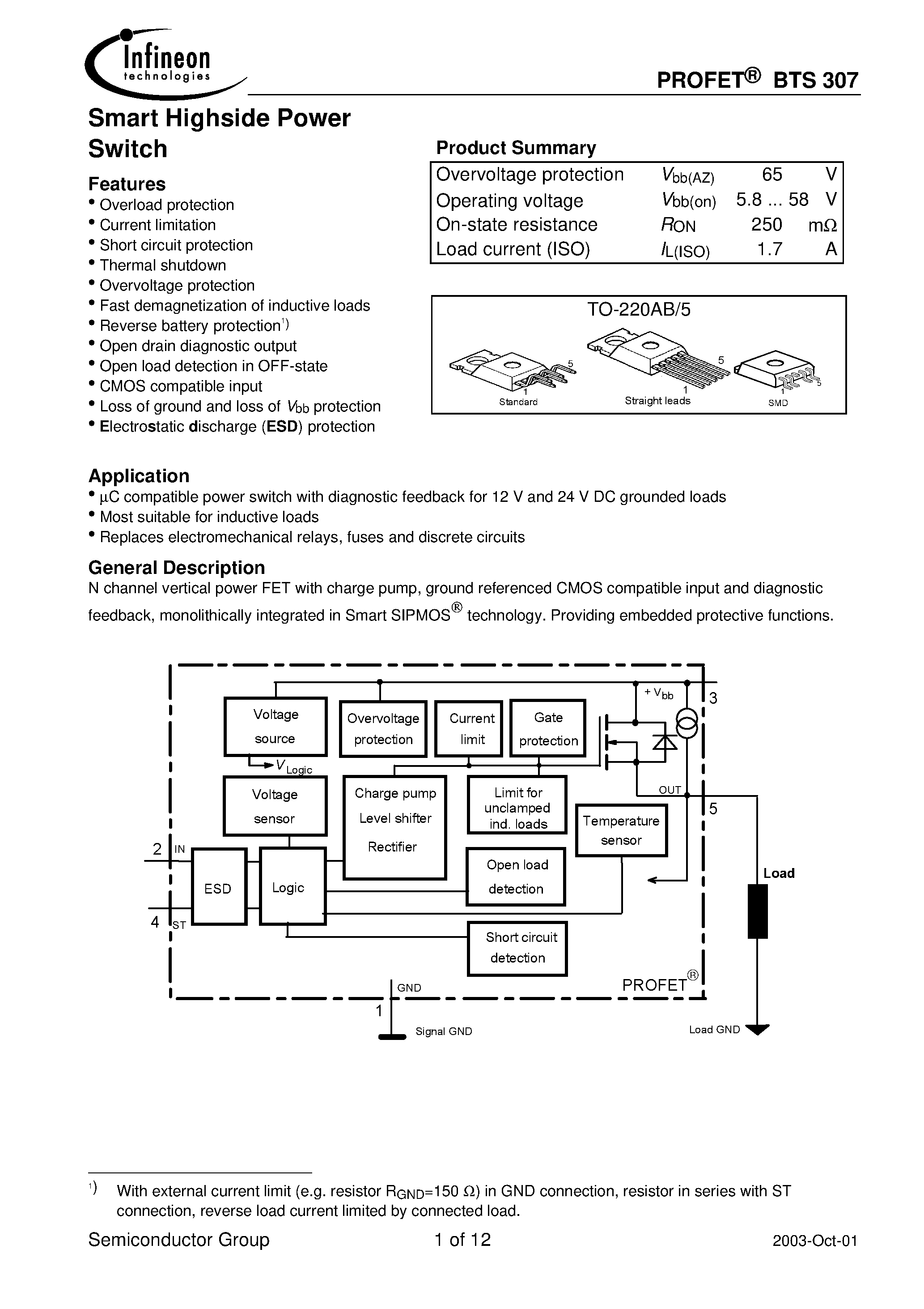 Даташит BTS307 - Smart Highside Power Switch страница 1