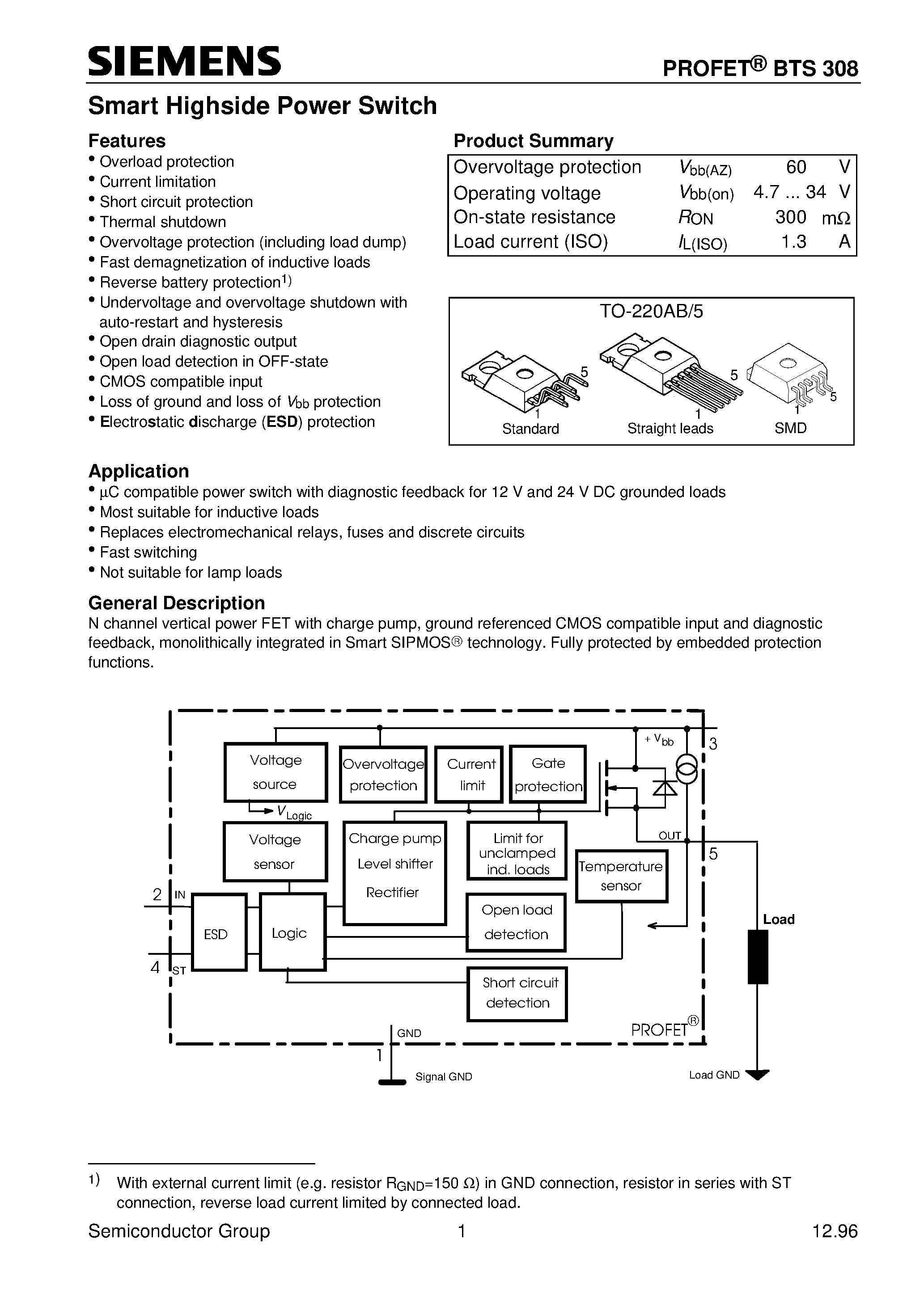 Даташит BTS308 - Smart Highside Power Switch (Overload protection Current limitation Short circuit protection Thermal shutdown) страница 1