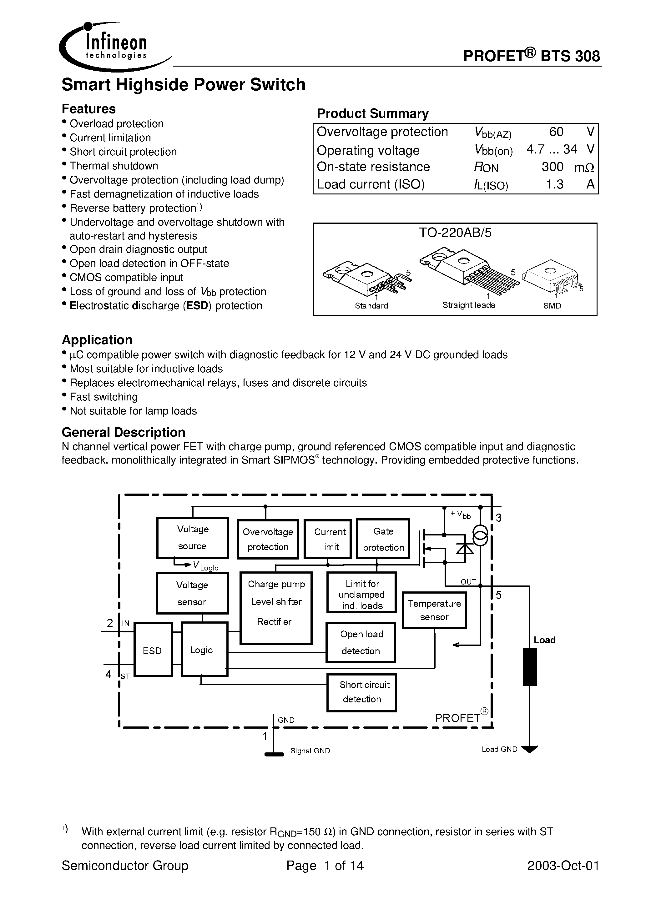 Даташит BTS308 - Smart Highside Power Switch страница 1