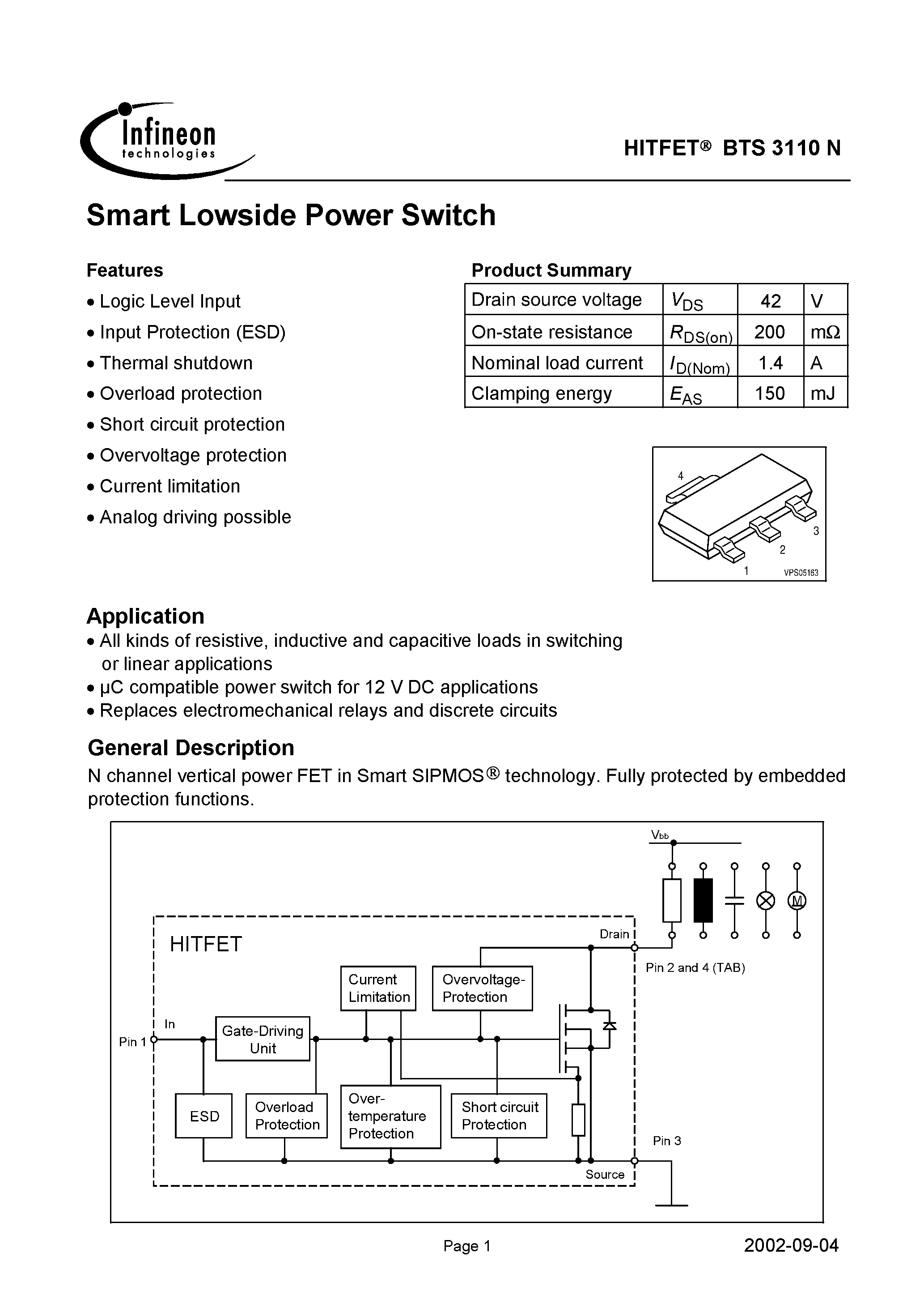 Даташит на микросхему BTS3110N страница 1 Даташит BTS3110N - Smart Lowside Power Switch страница 1