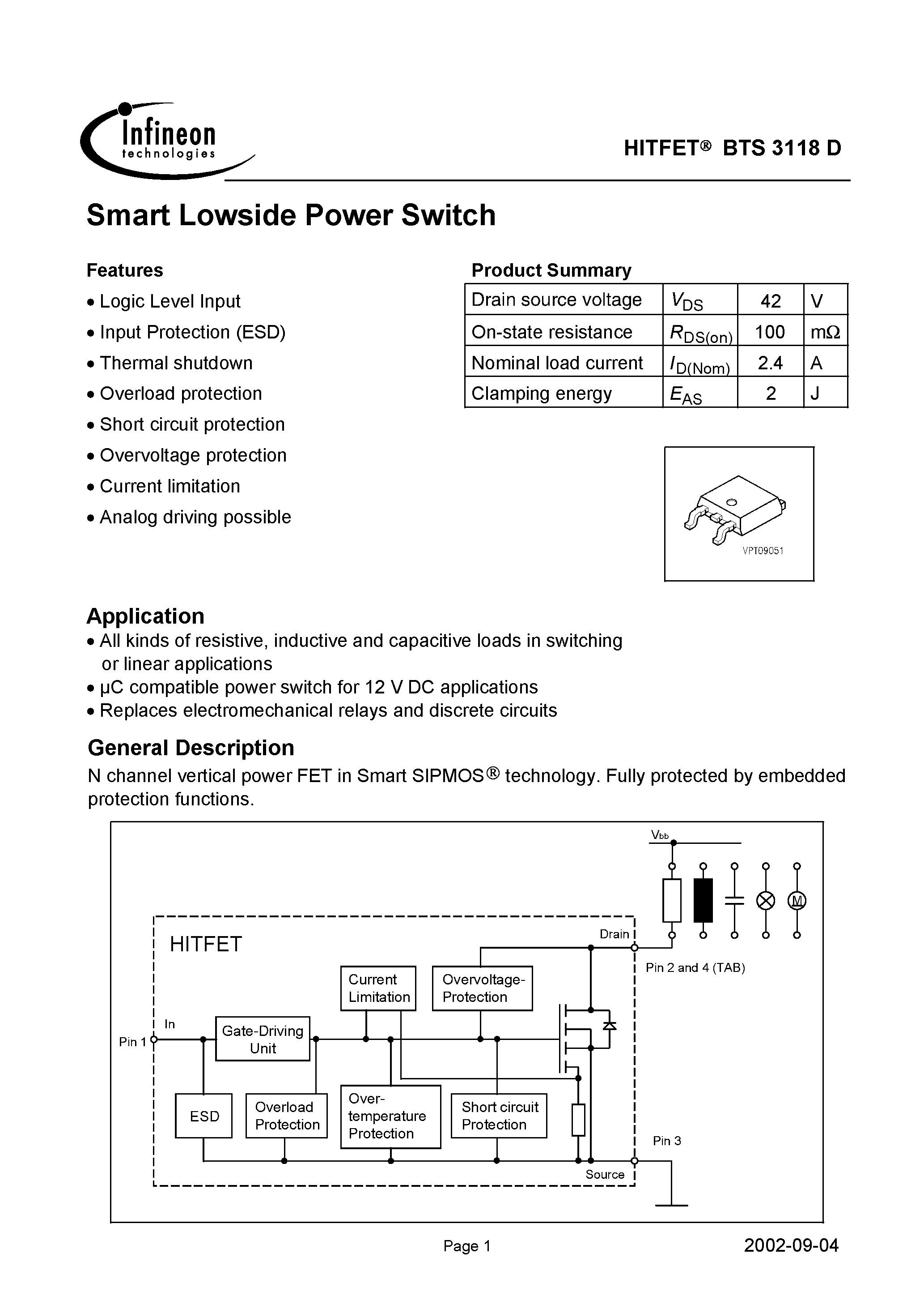 Даташит BTS3118D - Smart Lowside Power Switch страница 1