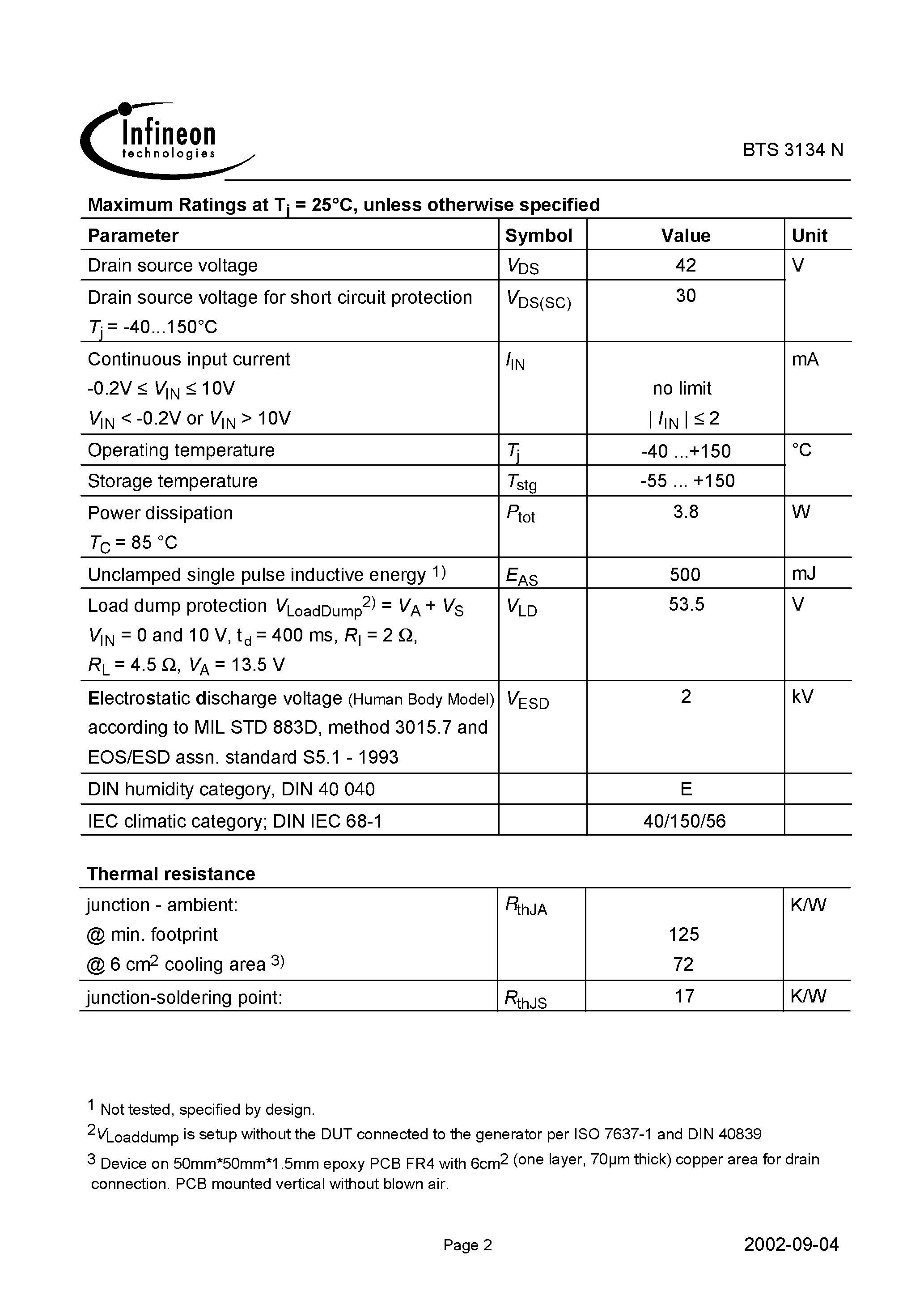 Даташит на микросхему BTS3134N страница 2 Даташит BTS3134N - Smart Lowside Power Switch страница 2