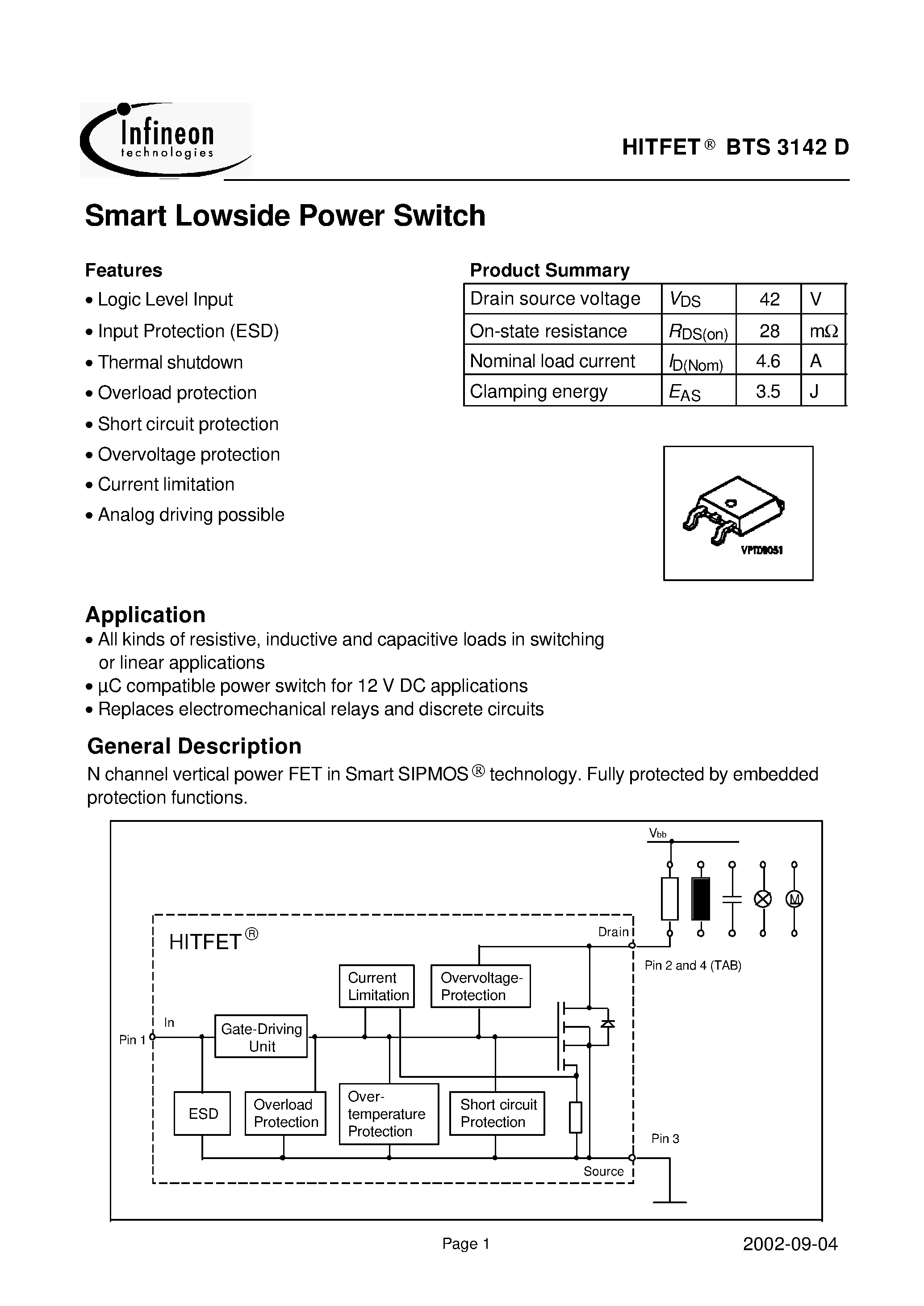 Даташит BTS3142D - Smart Lowside Power Switch страница 1