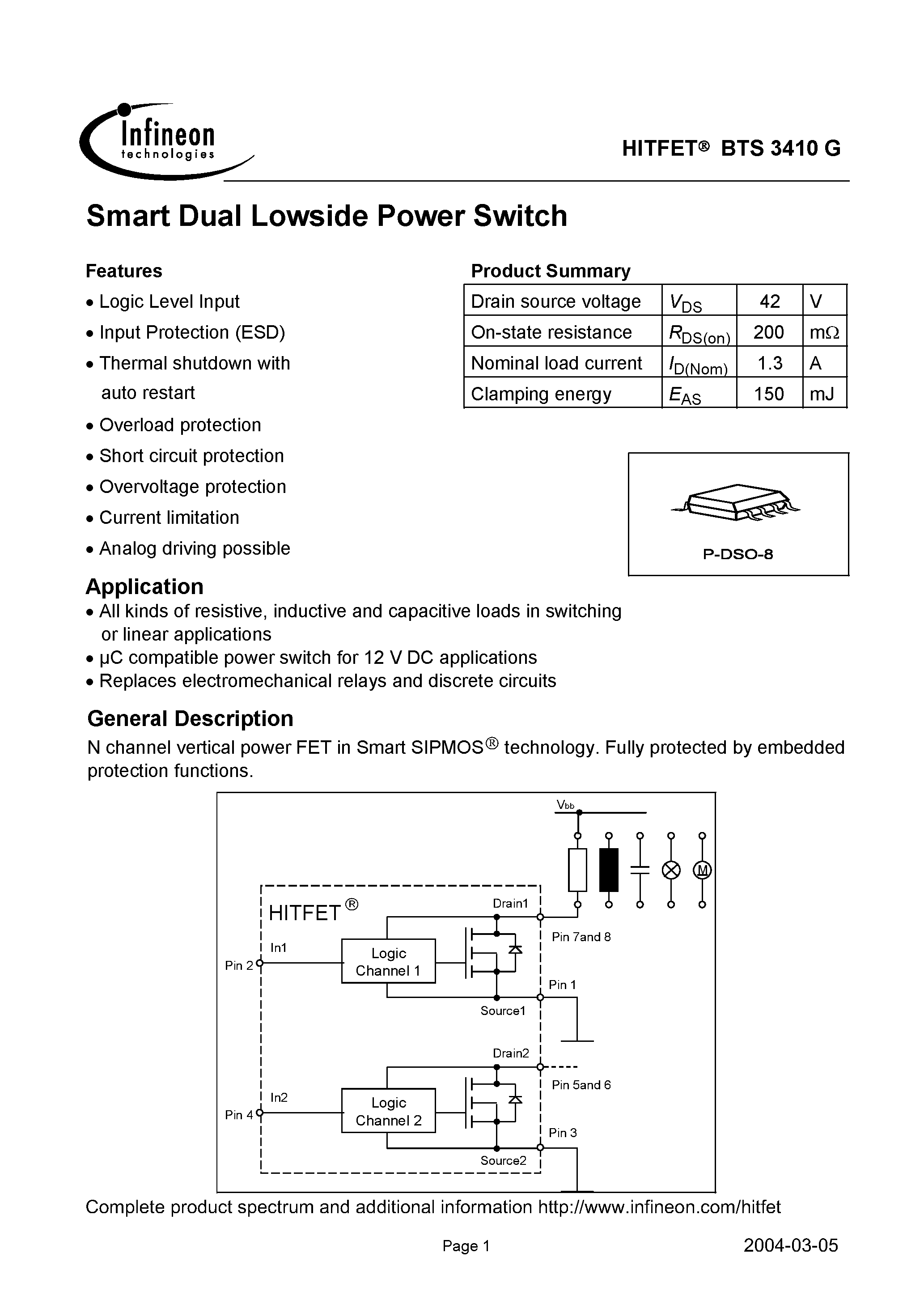 Даташит на микросхему BTS3410G страница 1 Даташит BTS3410G - Smart Dual Lowside Power Switch страница 1
