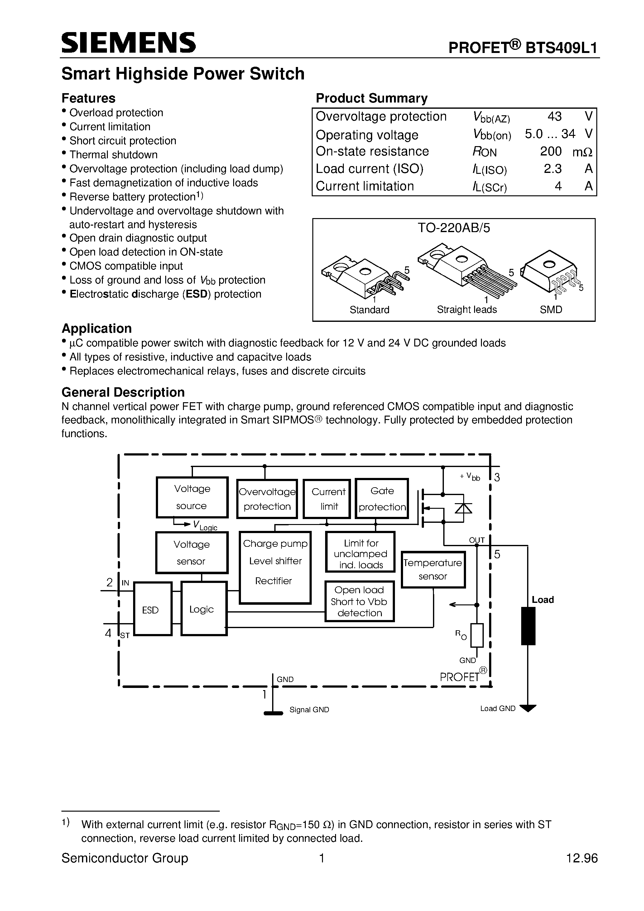 Даташит на микросхему BTS409L1 страница 1 Даташит BTS409L1 - Smart Highside Power Switch (Overload protection Current limitation Short circuit protection Thermal shutdown) страница 1