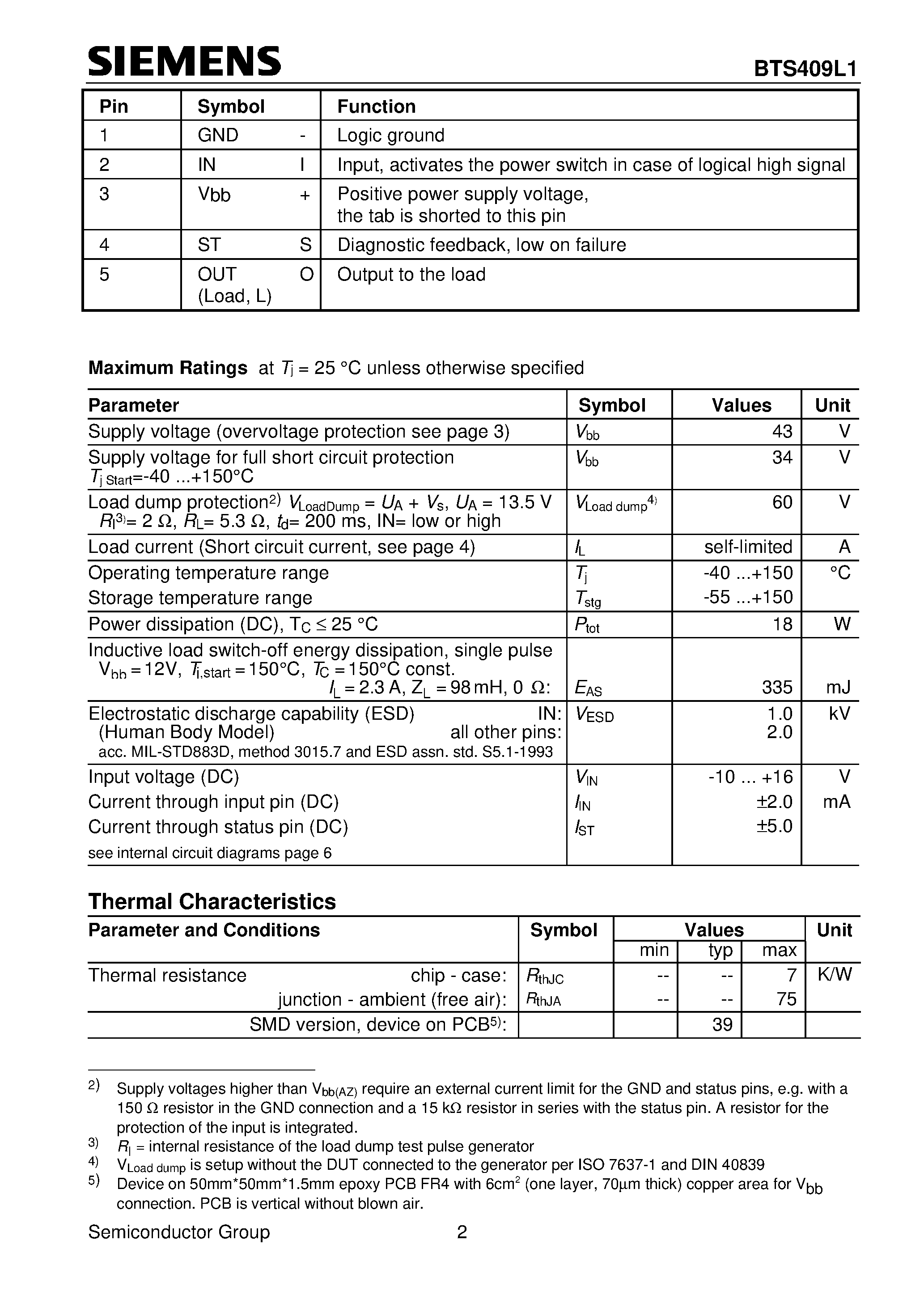 Даташит на микросхему BTS409L1 страница 2 Даташит BTS409L1 - Smart Highside Power Switch (Overload protection Current limitation Short circuit protection Thermal shutdown) страница 2