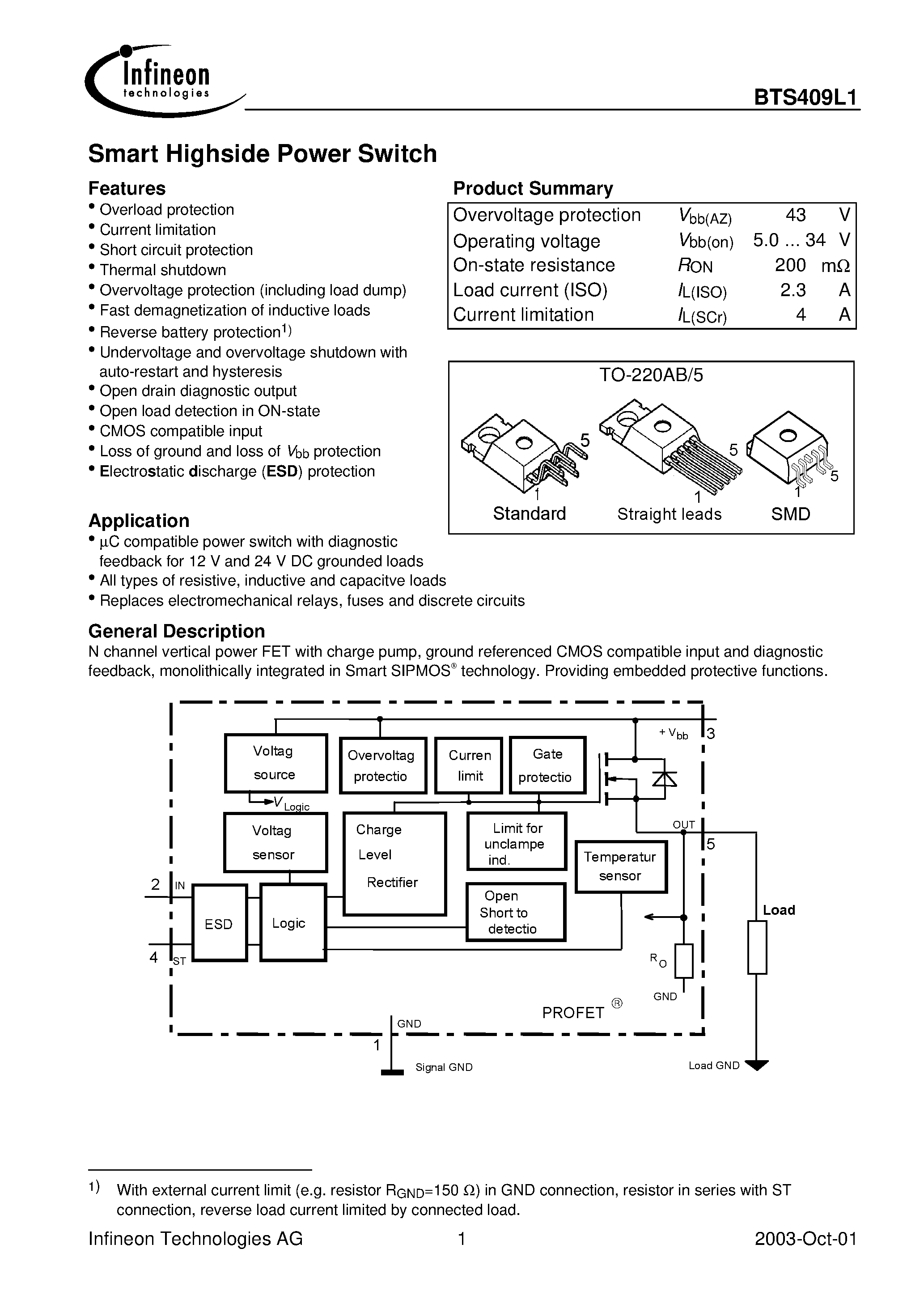 Даташит на микросхему BTS409L1 страница 1 Даташит BTS409L1 - Smart Highside Power Switch страница 1