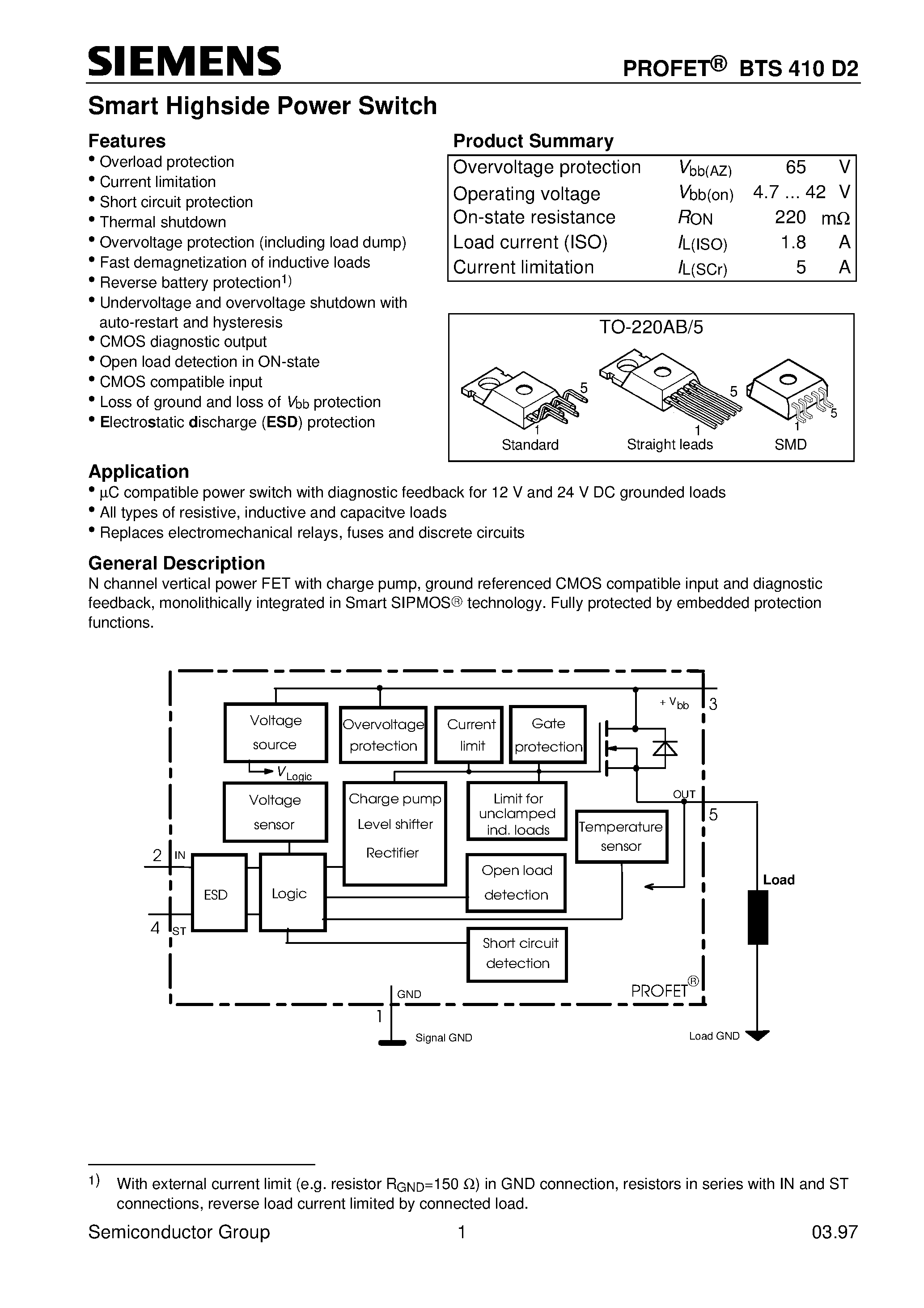 Даташит BTS410D2 - Smart Highside Power Switch (Overload protection Current limitation Short circuit protection Thermal shutdown) страница 1