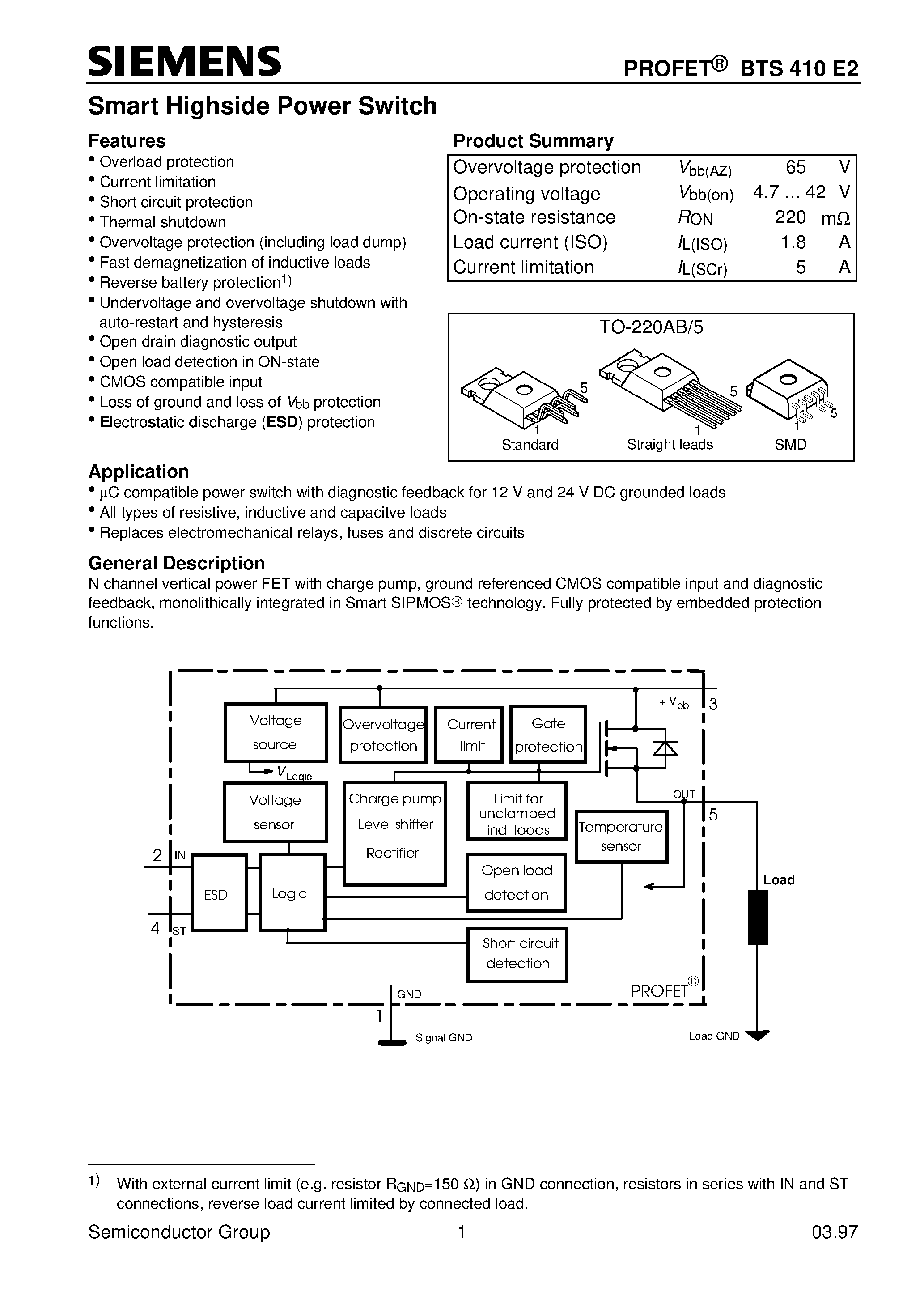 Даташит на микросхему BTS410E2 страница 1 Даташит BTS410E2 - Smart Highside Power Switch (Overload protection Current limitation Short circuit protection Thermal shutdown) страница 1