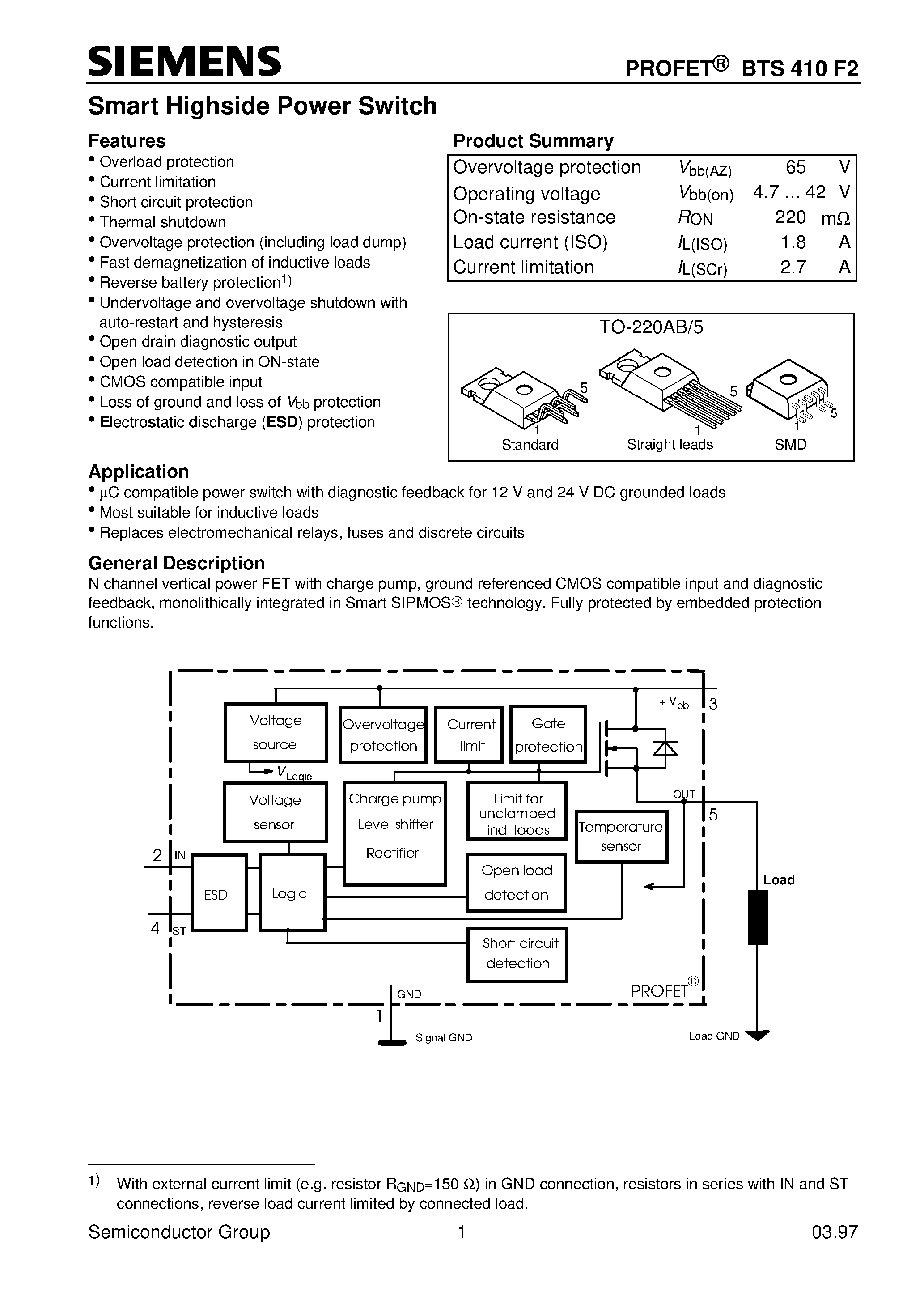 Даташит на микросхему BTS410F2 страница 1 Даташит BTS410F2 - Smart Highside Power Switch (Overload protection Current limitation Short circuit protection Thermal shutdown) страница 1