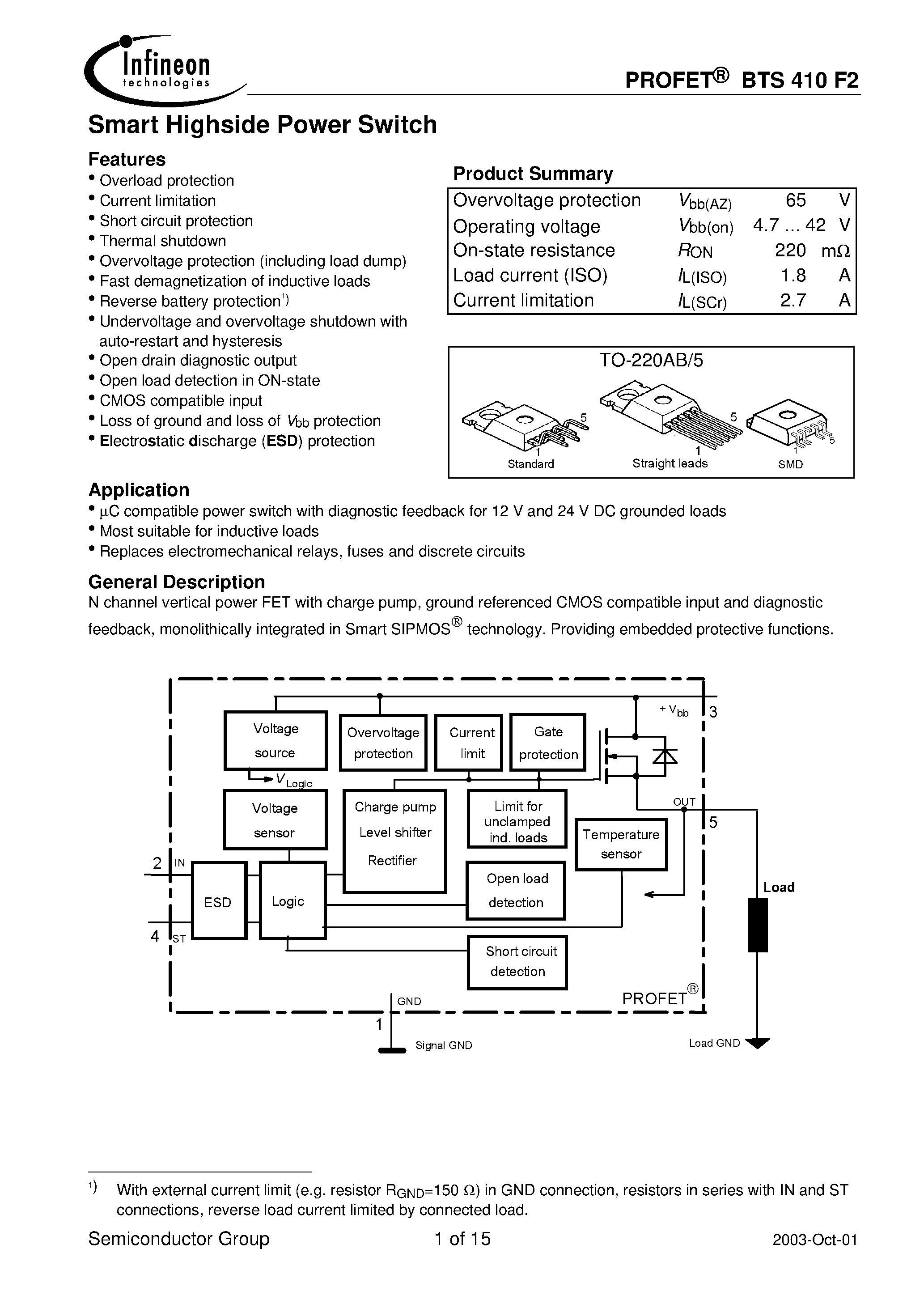 Даташит на микросхему BTS410F2E3043 страница 1 Даташит BTS410F2E3043 - Smart Highside Power Switch страница 1