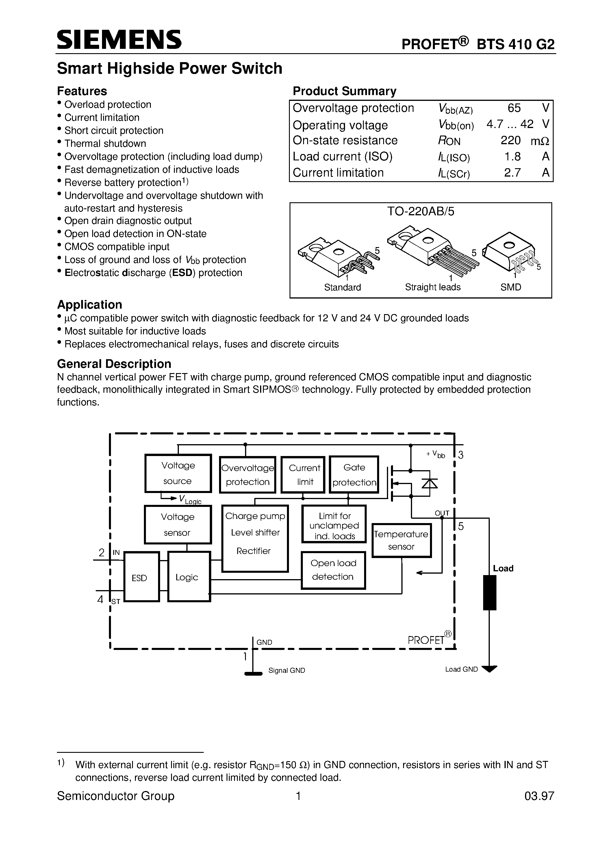 Даташит на микросхему BTS410G2 страница 1 Даташит BTS410G2 - Smart Highside Power Switch (Overload protection Current limitation Short circuit protection Thermal shutdown) страница 1